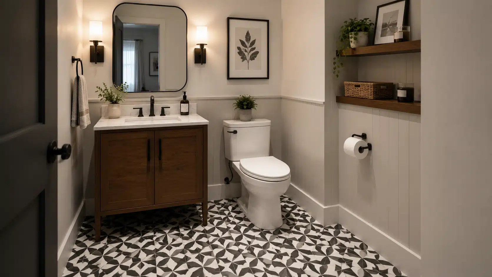Small bathroom with patterned floor tiles, simple walls, and a stylish vanity creating a bold floor design.