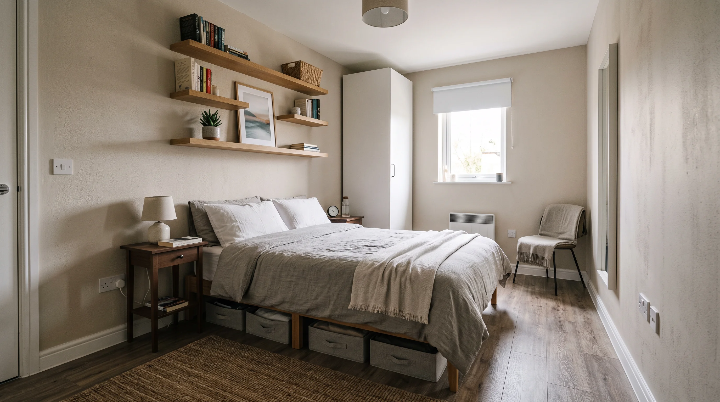 Small bedroom layout with bed against long wall and space-saving storage solutions