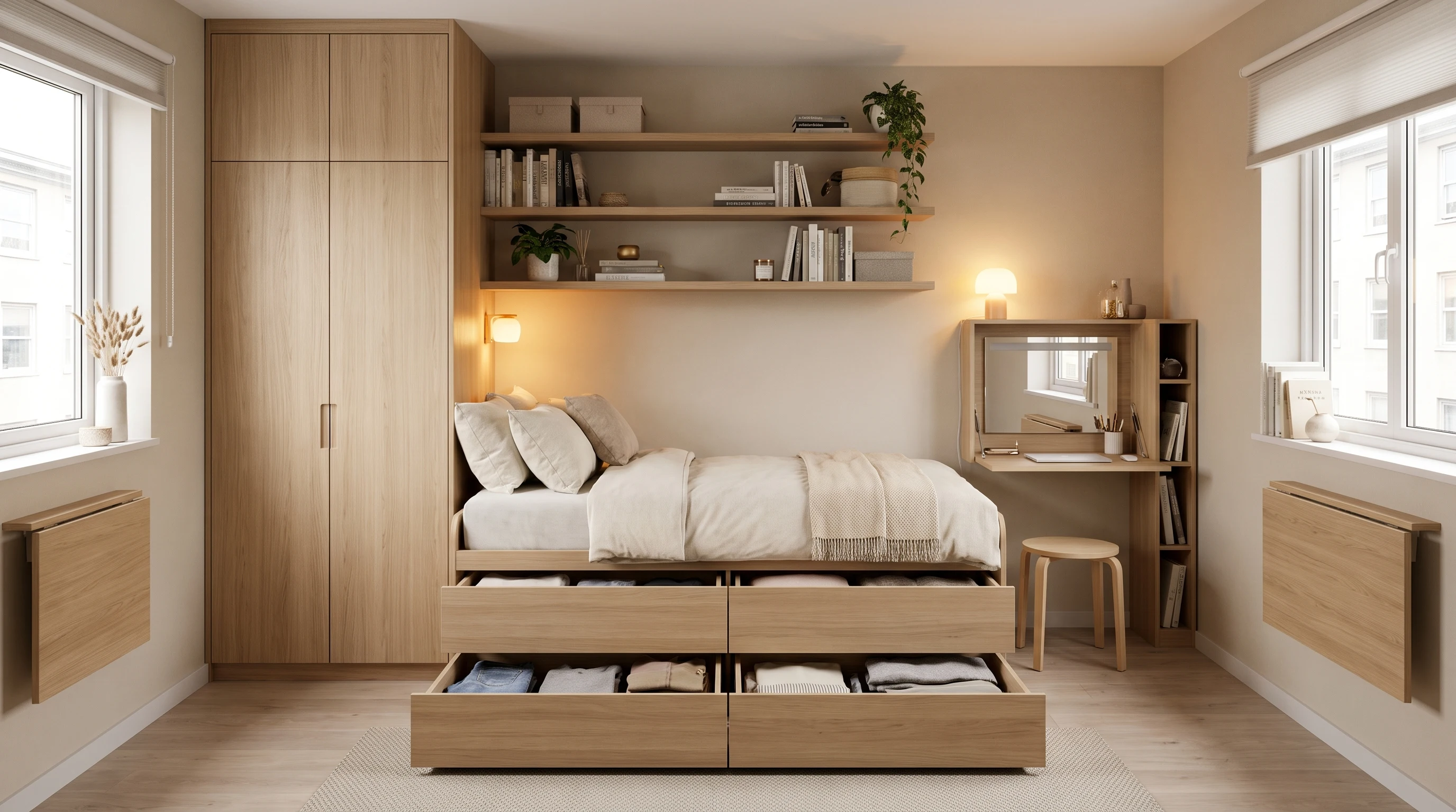 Small bedroom layout with storage bed wardrobe and space-saving furniture