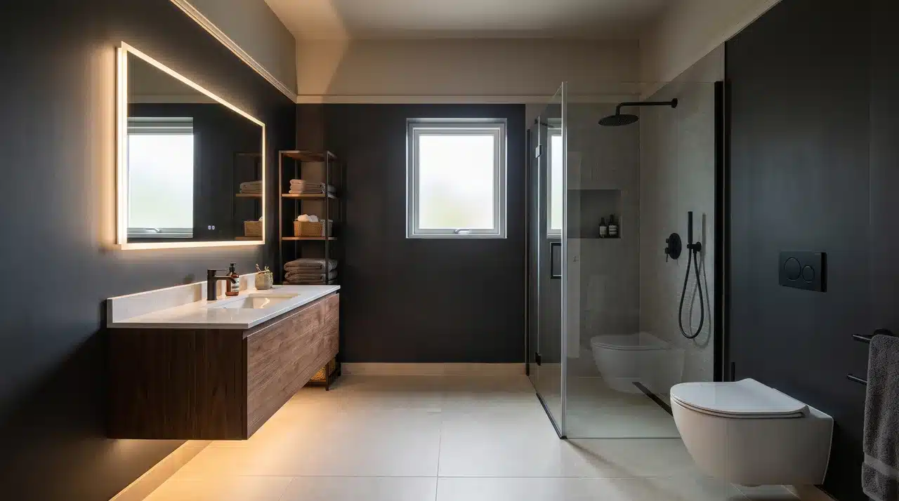 small dark bathroom done right with floating vanity, large mirror and dark walls