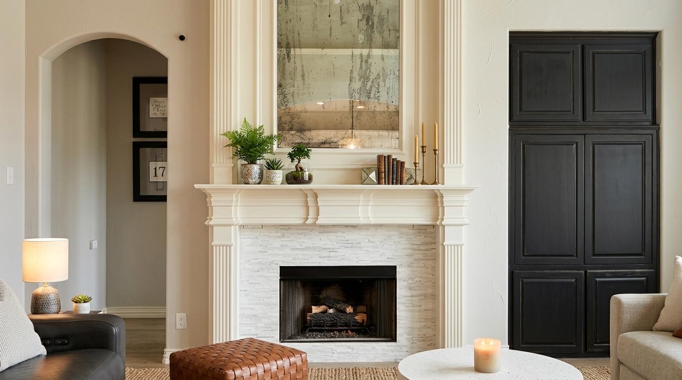 Small fireplace mantel decorated with compact stylish accessories.