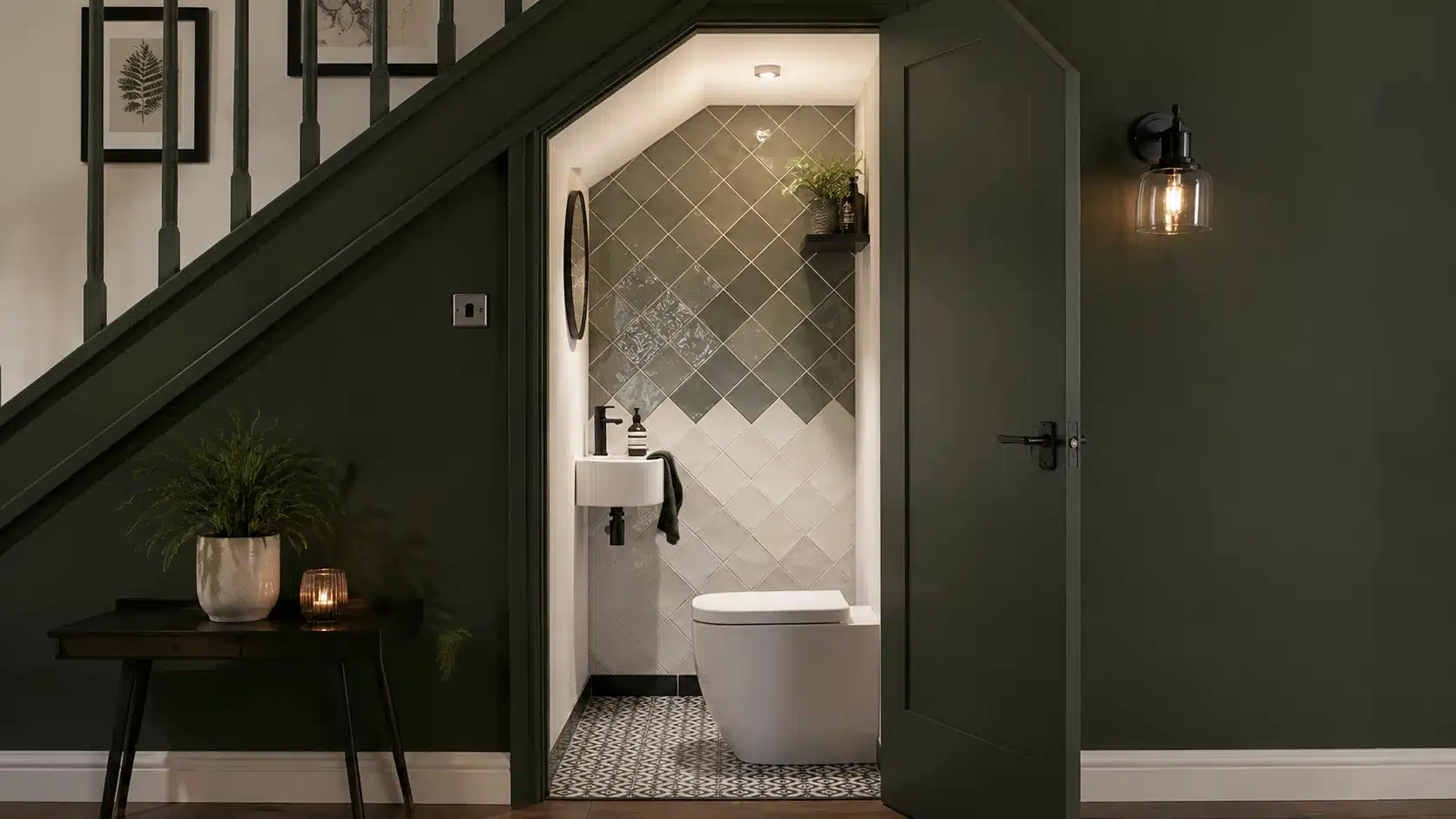 Small half bathroom built under stairs with green walls, patterned tile, and a compact layout