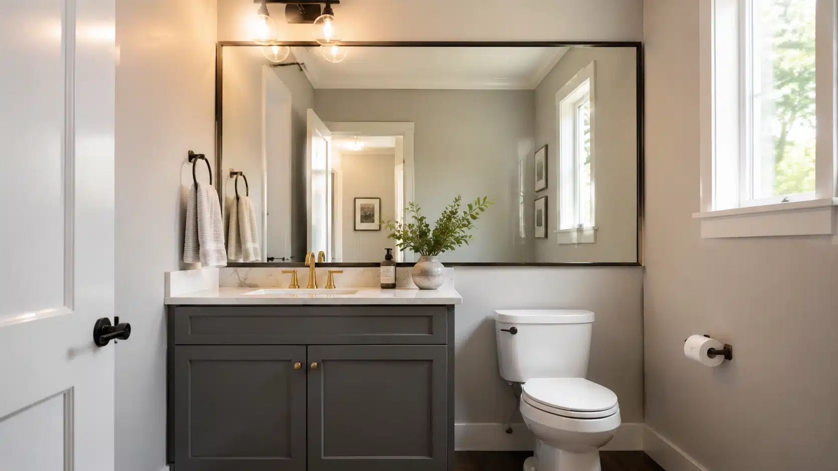 Small half bathroom with an oversized mirror reflecting light and creating a more spacious feel