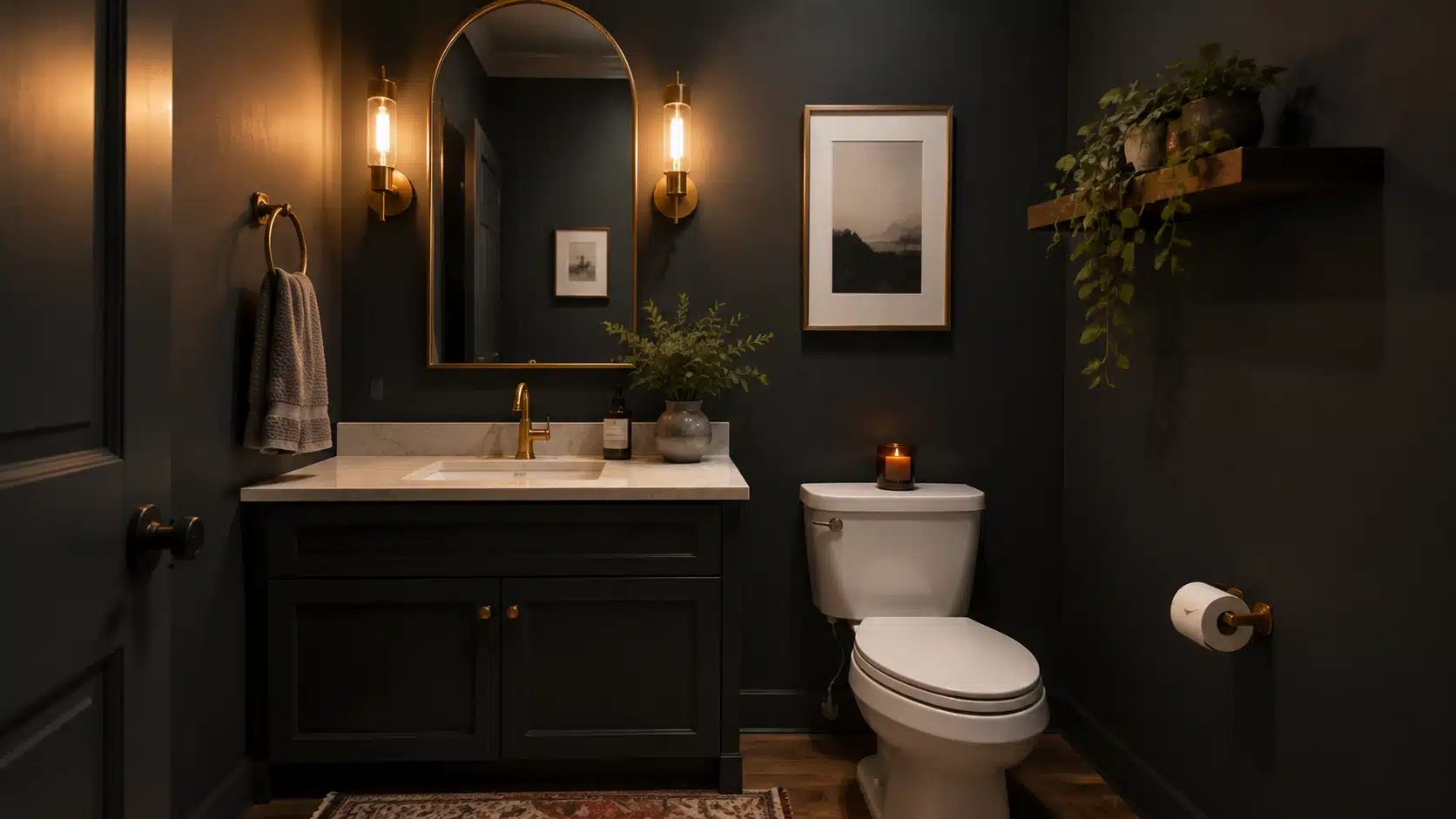 Small half bathroom with charcoal walls, warm lighting, and dark accents creating a cozy mood