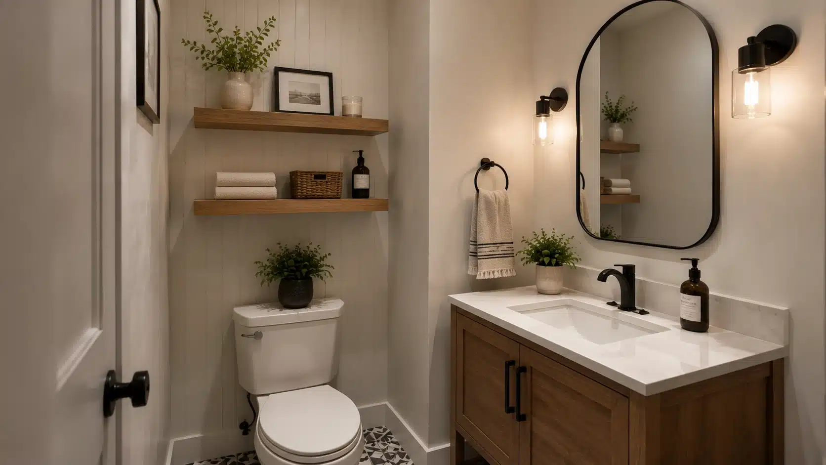 Small half bathroom with floating wooden shelves holding towels, plants, and simple decor above the vanity area.
