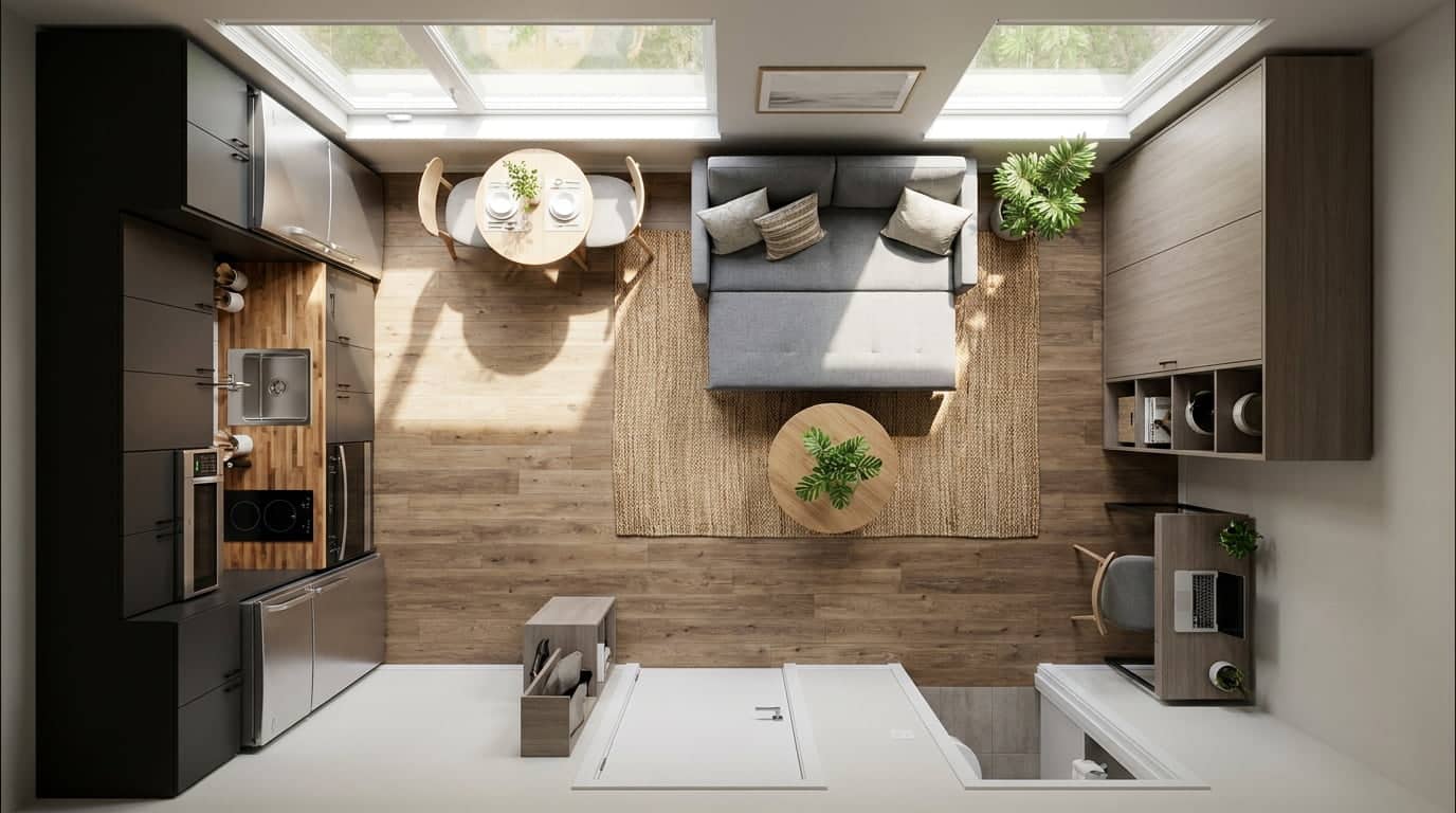 Small studio apartment layout featuring sofa bed, compact kitchen, and multifunctional living area.