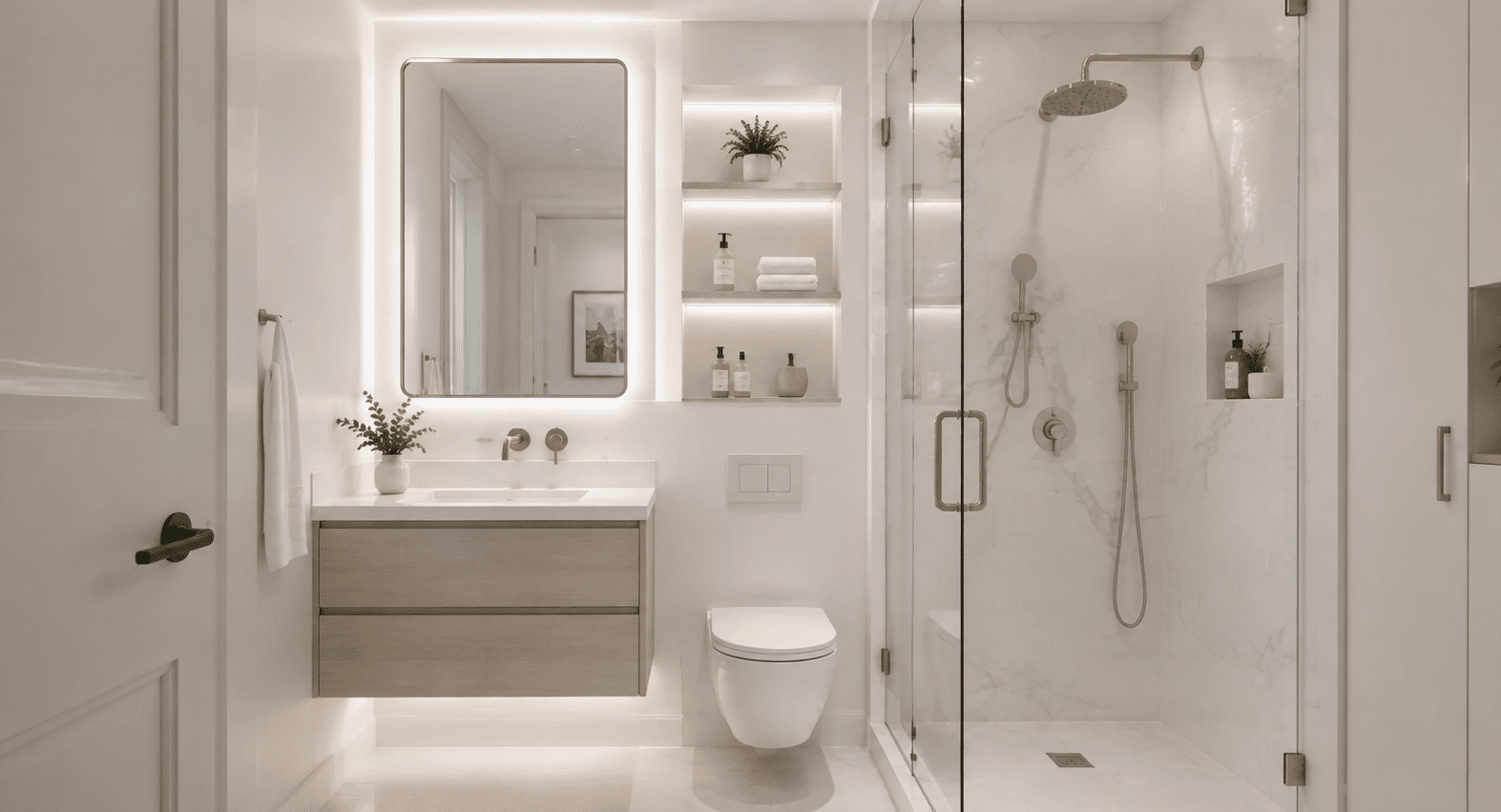Small white bathroom with floating vanity, large mirror, glass shower, and vertical storage for a clean spacious look.