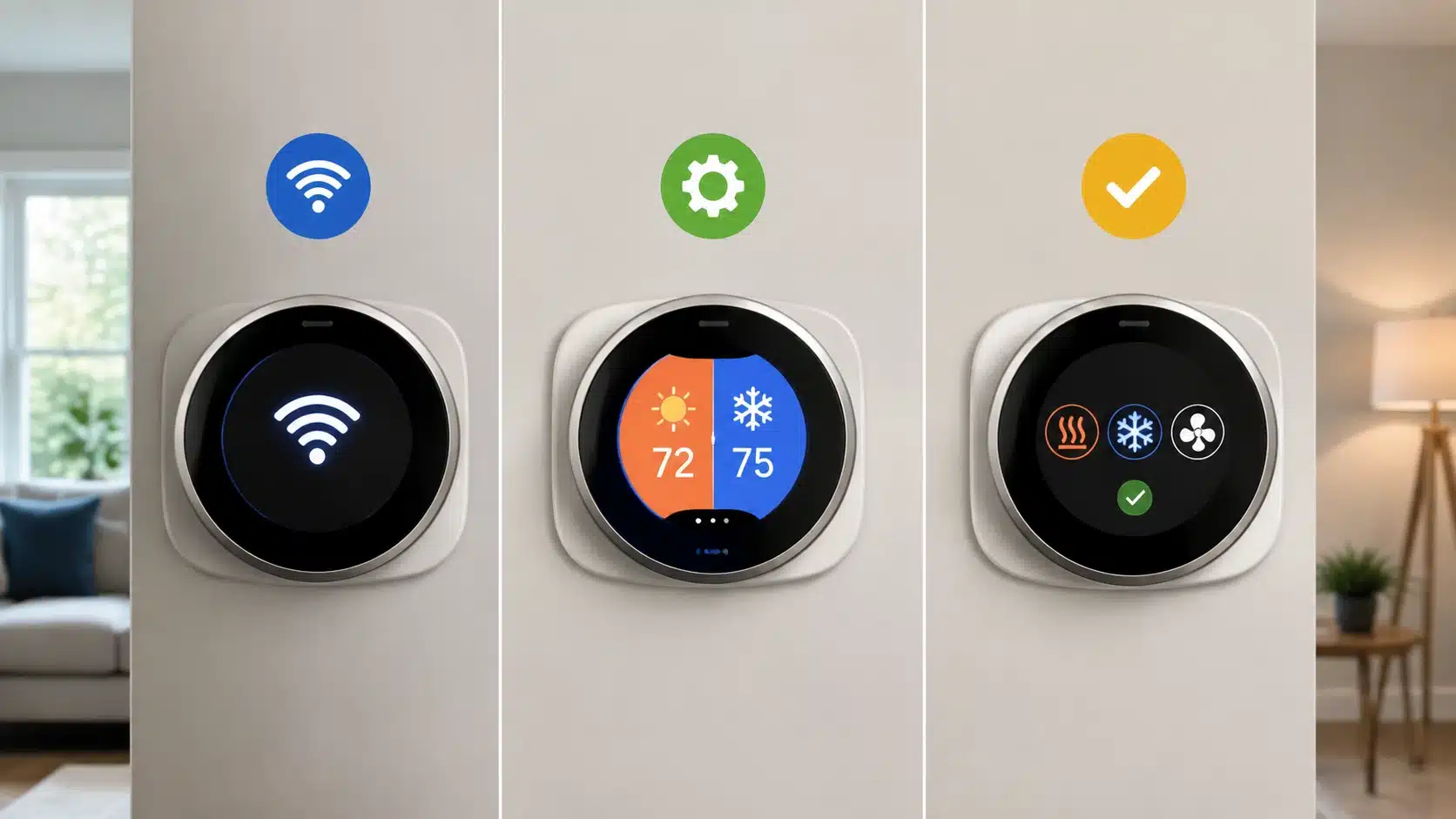 Smart thermostat showing Wi-Fi connection, settings, and heating cooling controls.
