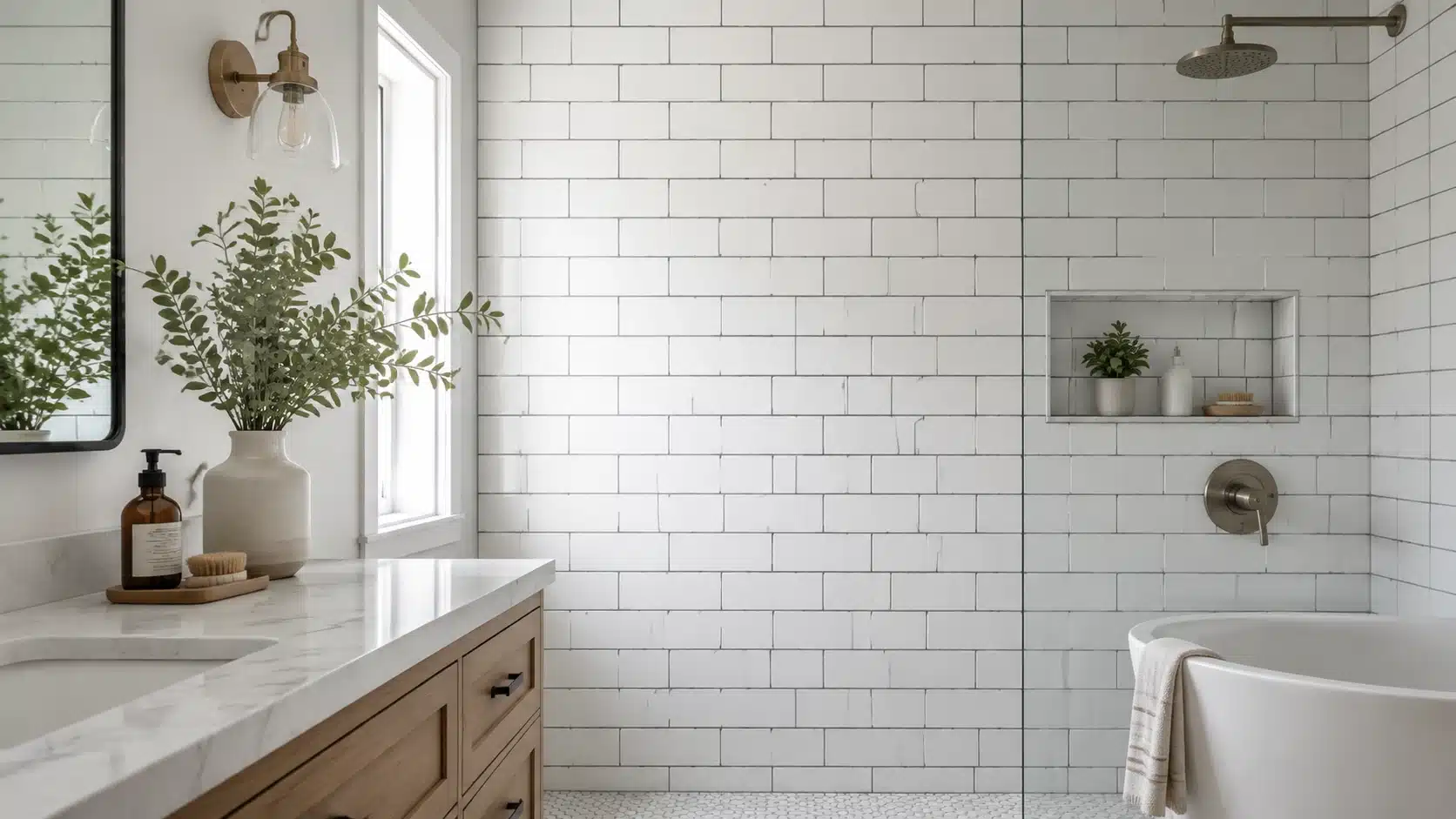 Soft gray grout lines define white bathroom tiles and add structure to a clean, modern shower wall.