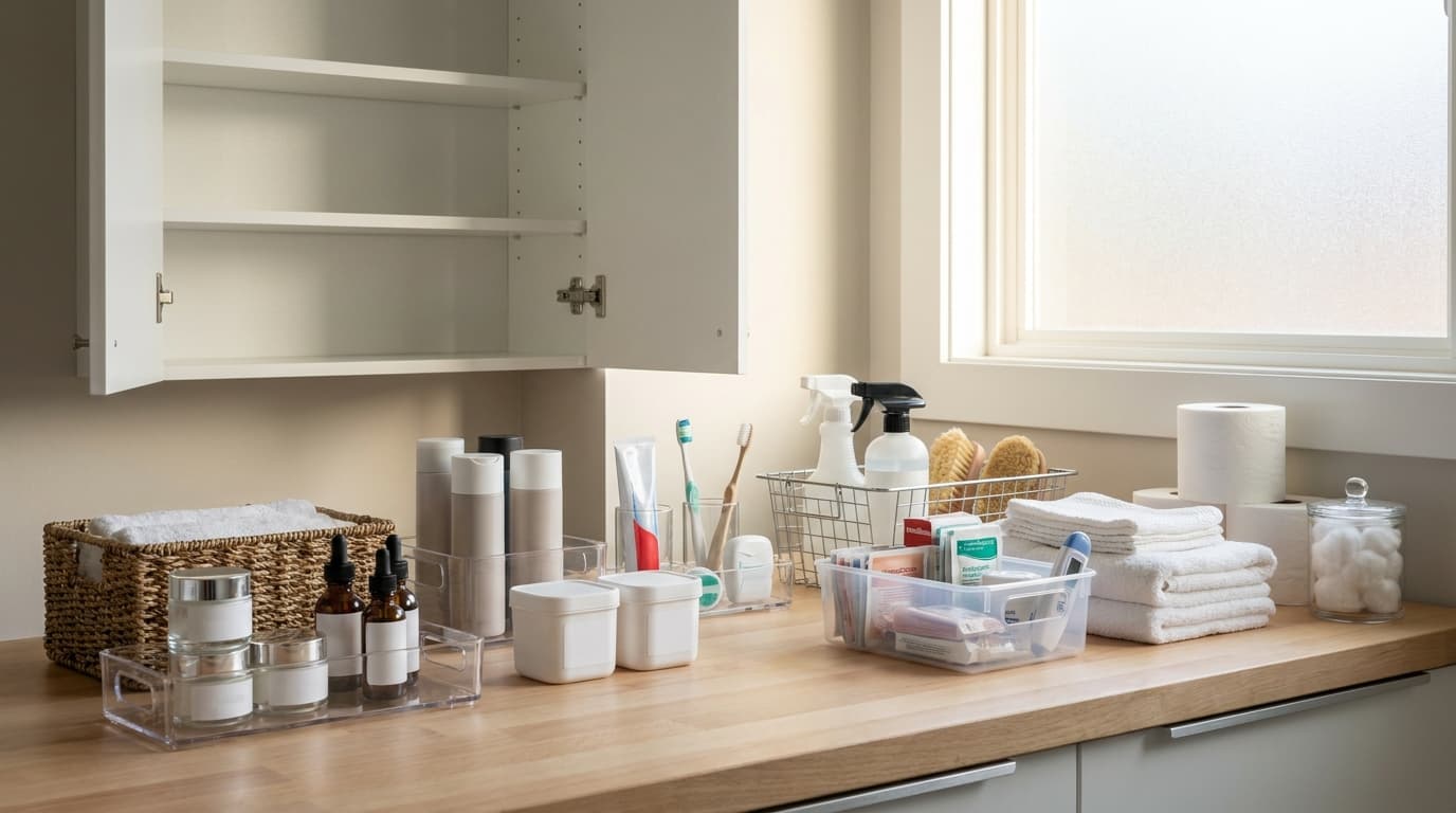 Bathroom cabinet organization with skincare haircare oral care cleaning supplies and towels sorted into clear storage categories neatly arranged.