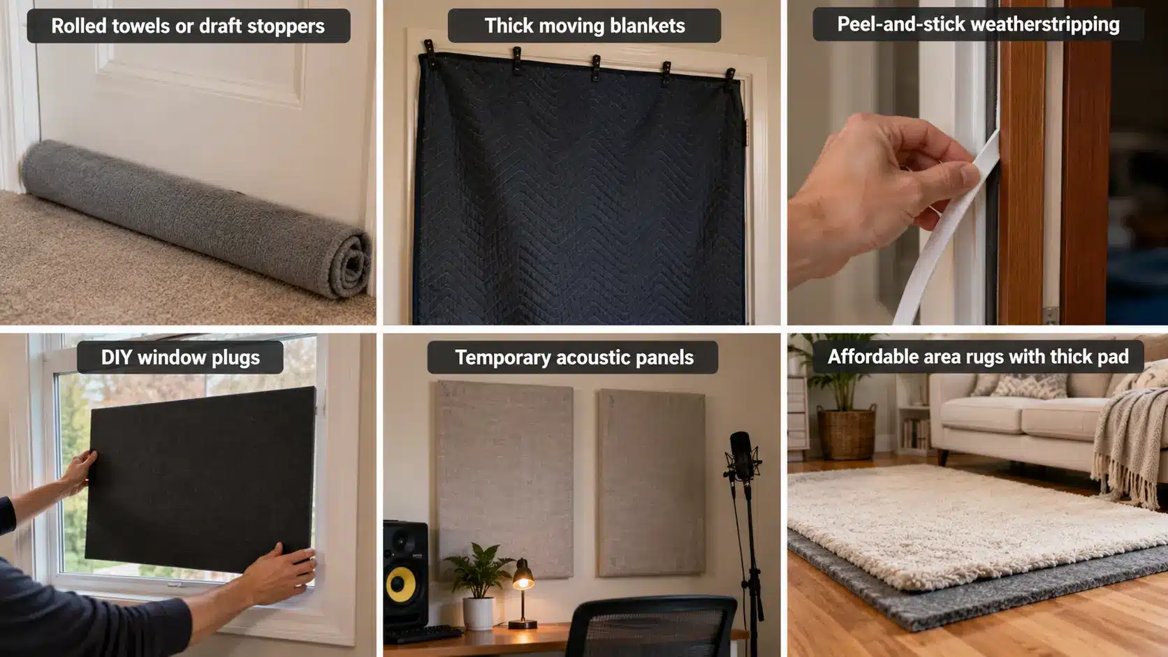 Six-panel collage showing budget soundproofing methods using draft stoppers, moving blankets, weatherstripping, window plugs, acoustic panels, and a padded rug.
