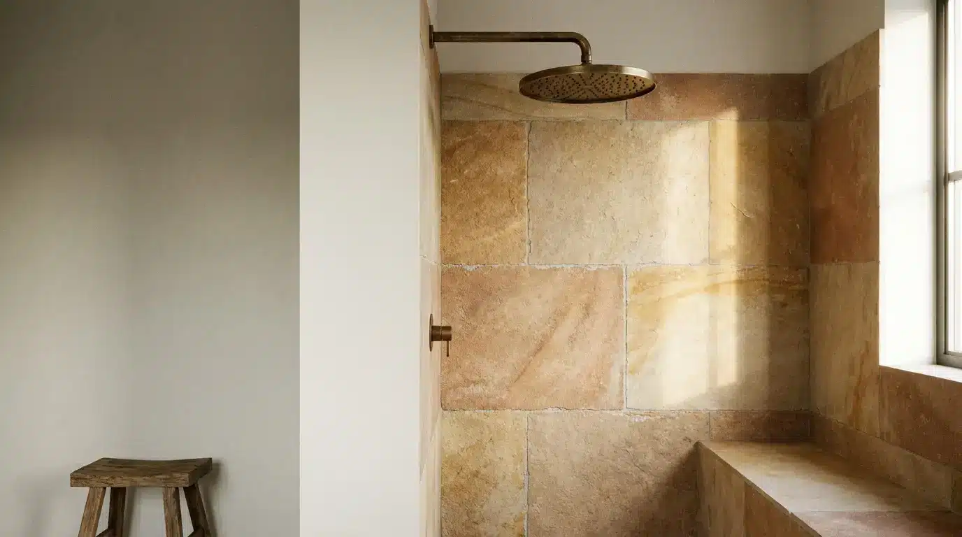 Stone-tiled shower with brass showerhead and wooden stool in bright minimalist bathroom