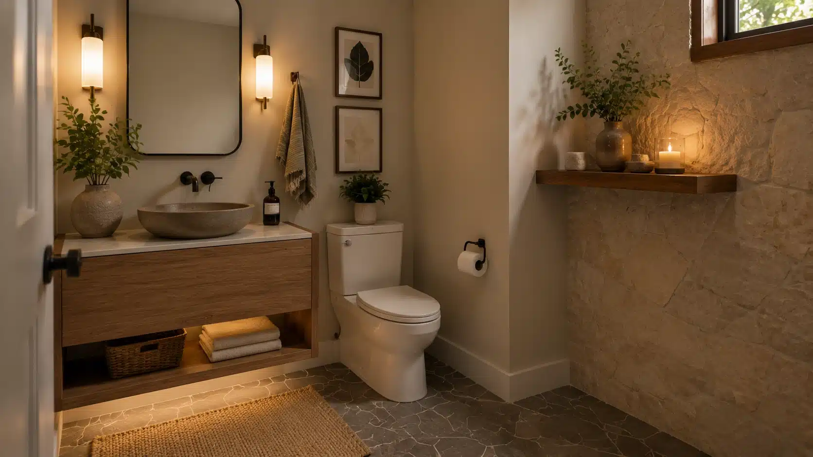 Spa-inspired half bathroom with warm wood, stone textures, neutral colors, plants, and relaxing natural details.