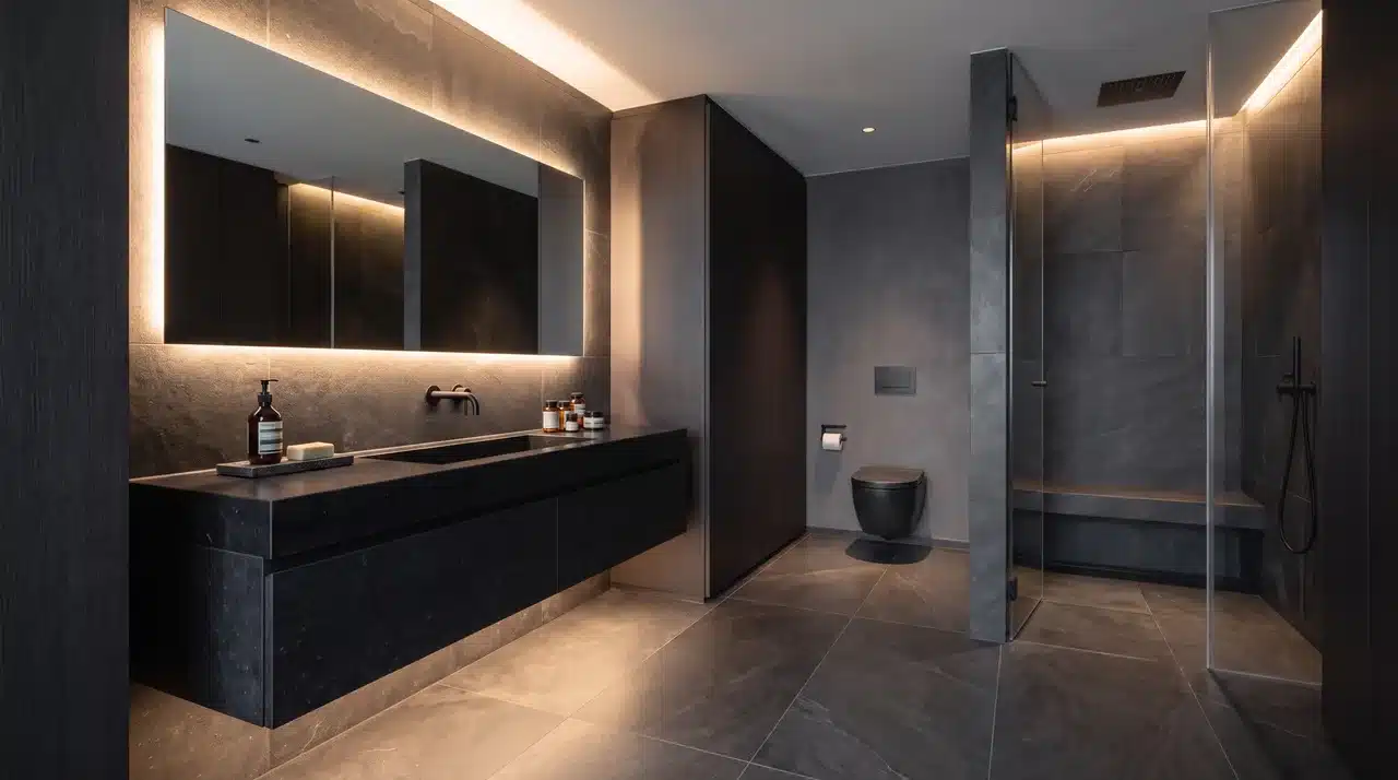 spa style dark bathroom style with smooth walls style and charcoal or black form base