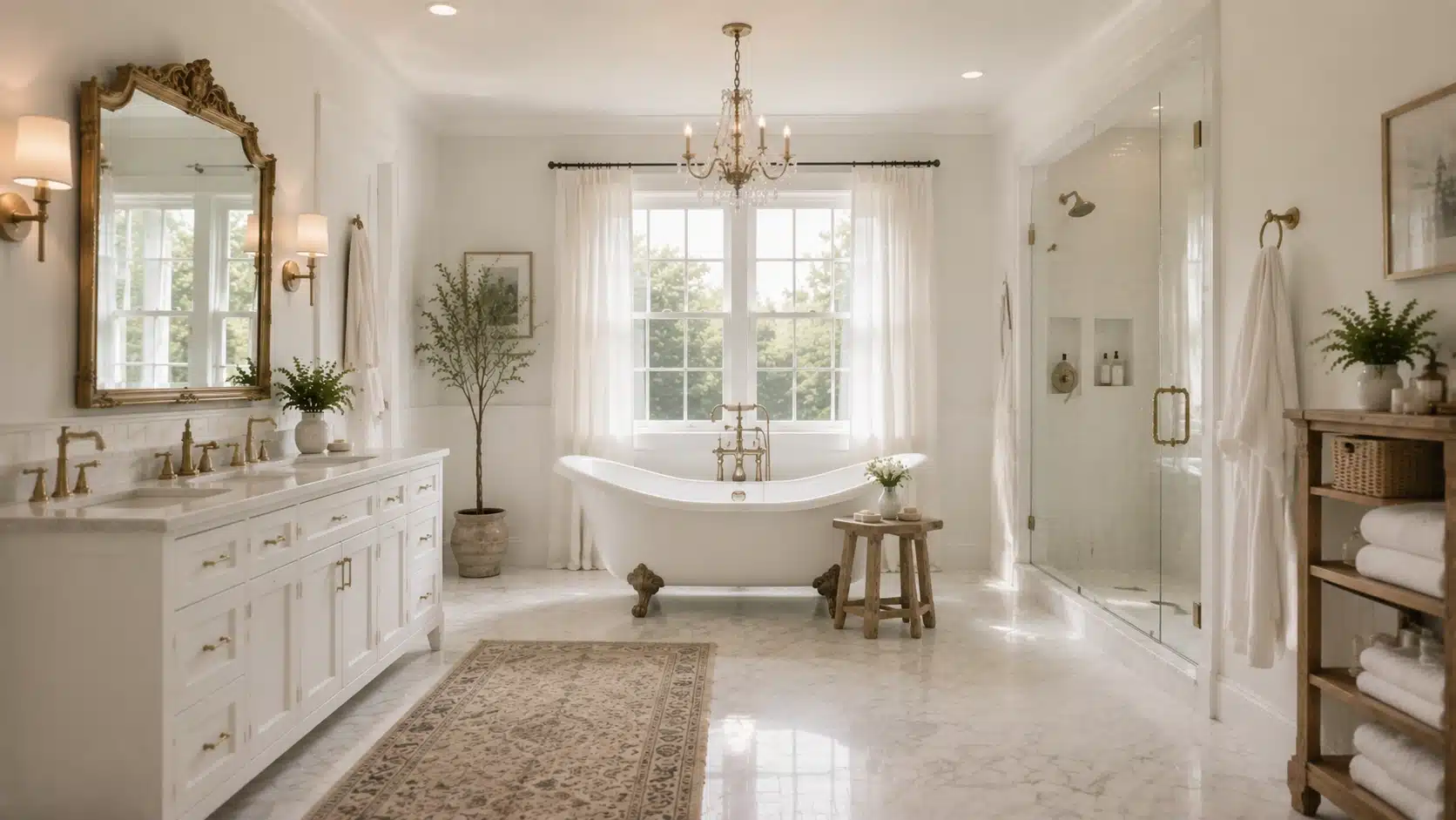 Spacious white bathroom with an antique mirror, clawfoot tub, rustic stool, and vintage details adding character.