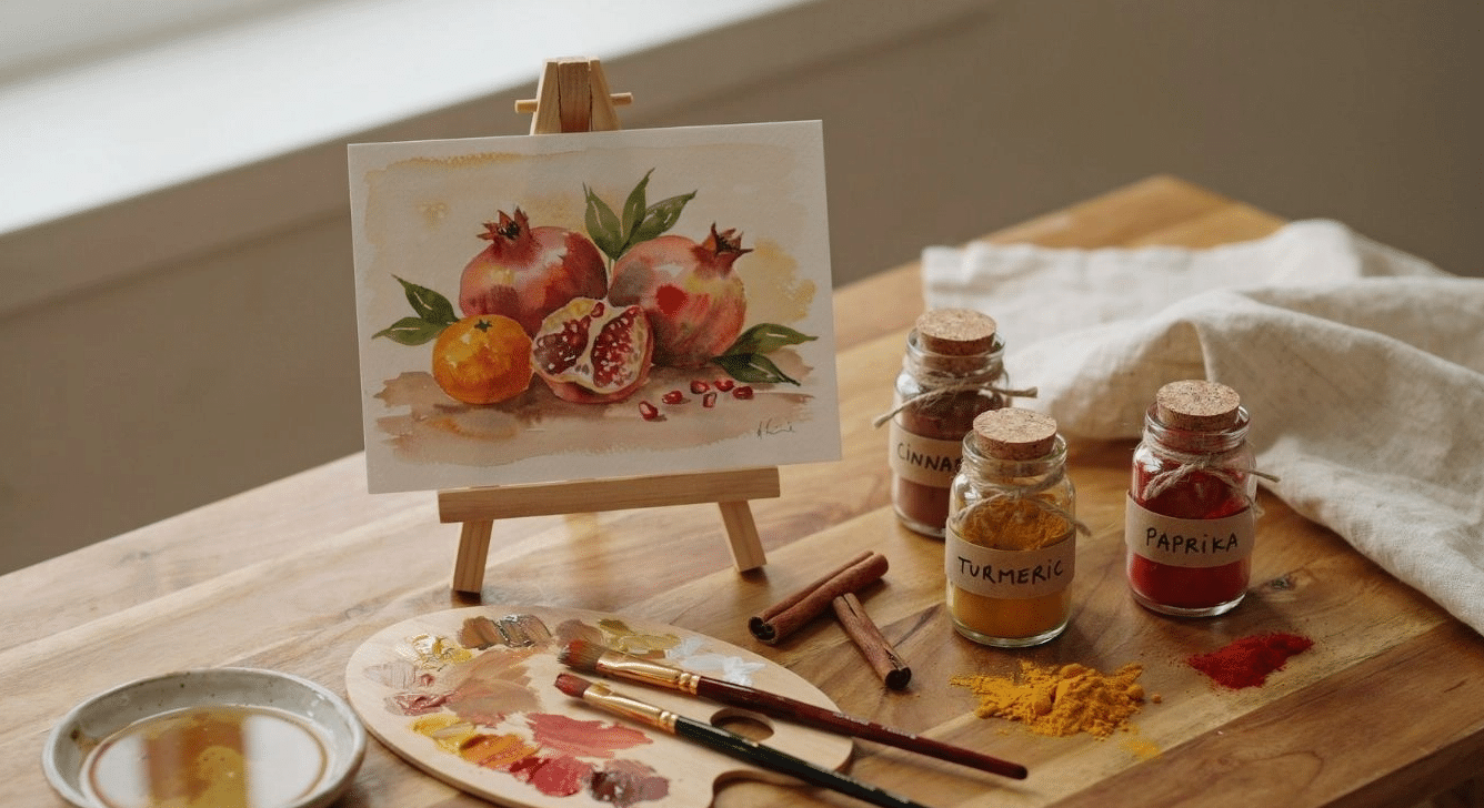 Spice-pigment watercolor painting on an easel with paint jars