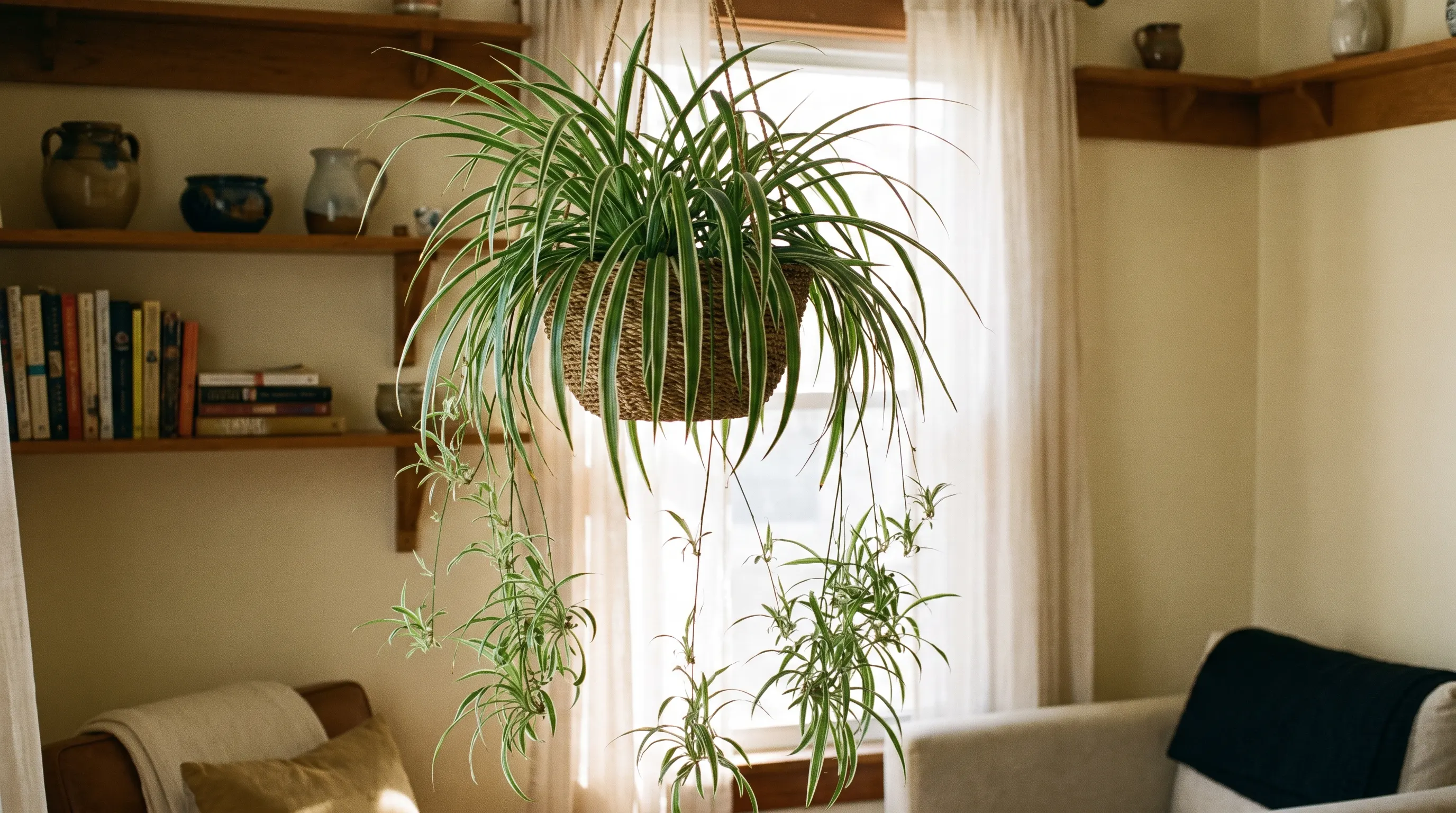 Spider plant with baby plantlets growing in a hanging basket indoors
