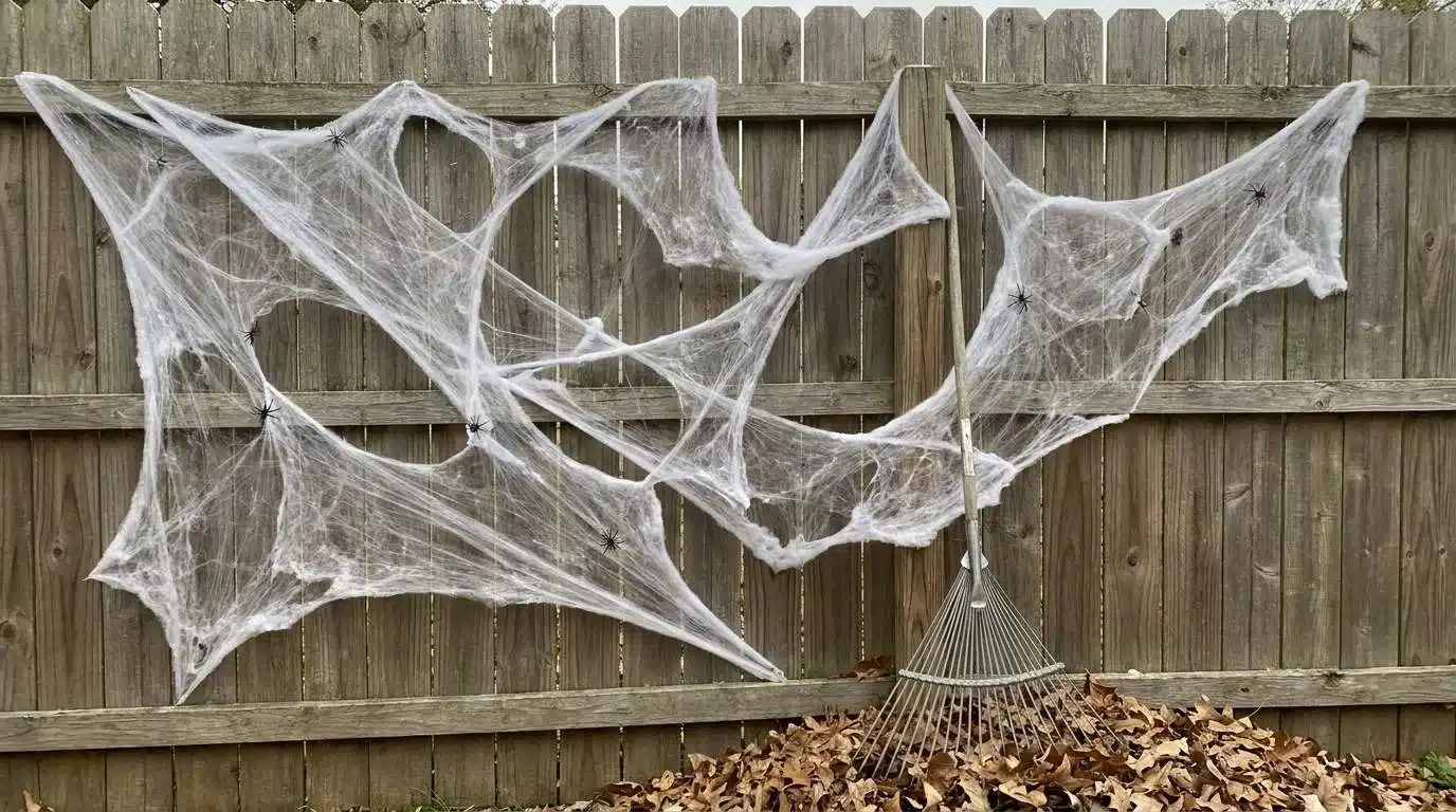 Cotton spiderweb netting stretched across a fence
