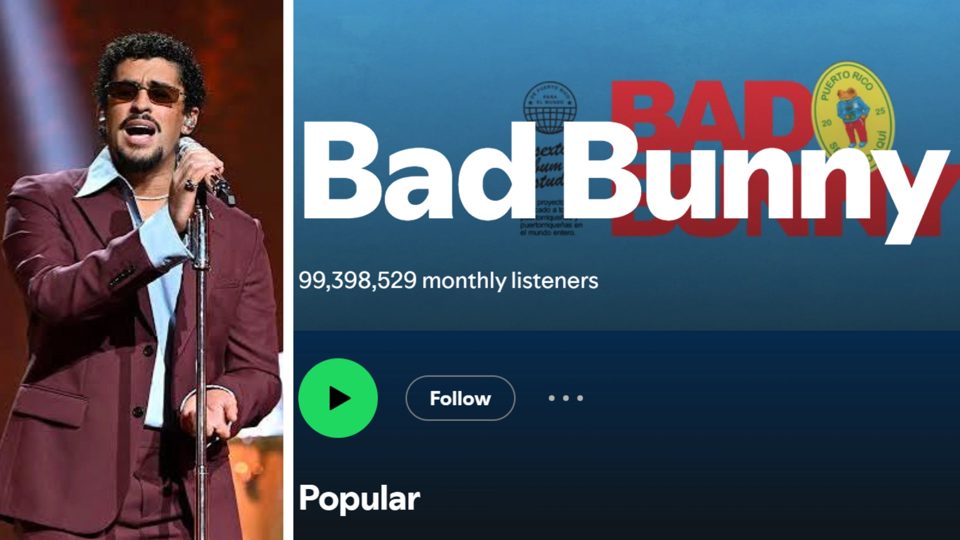 Bad Bunny performing on stage next to his Spotify artist profile showing over 99 million monthly listeners.