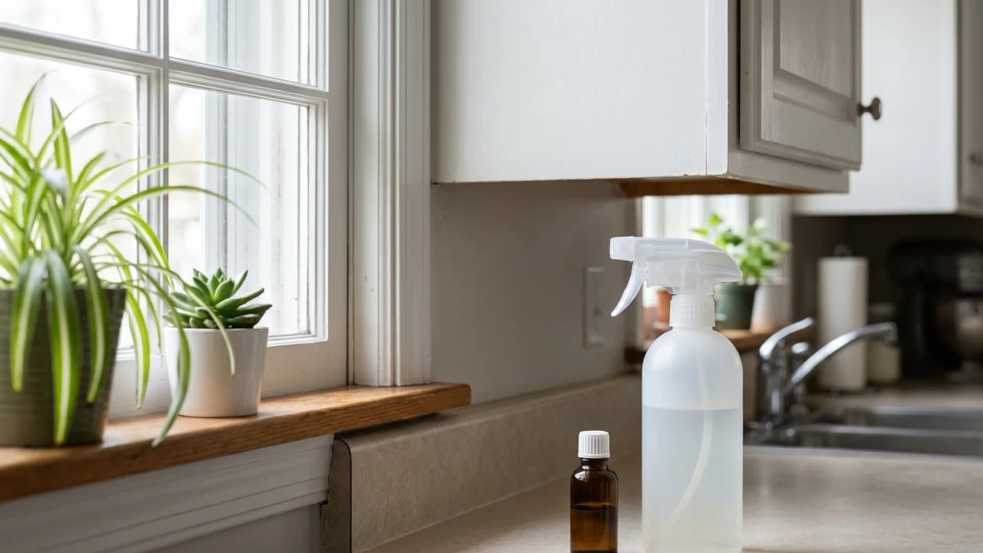 Spray bottle with peppermint solution on a windowsill next to fresh mint leaves, bright natural light.