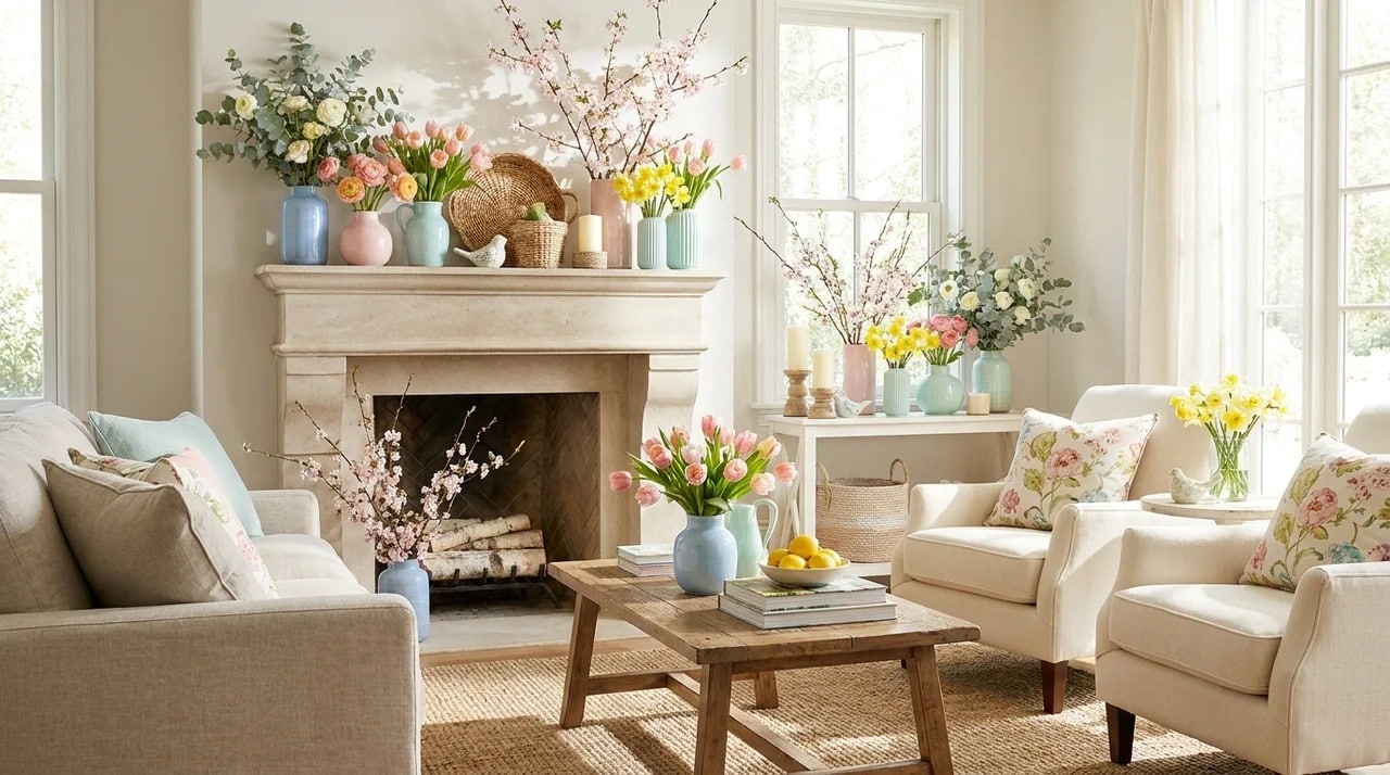 Spring fireplace mantel decorated with fresh flowers and greenery.