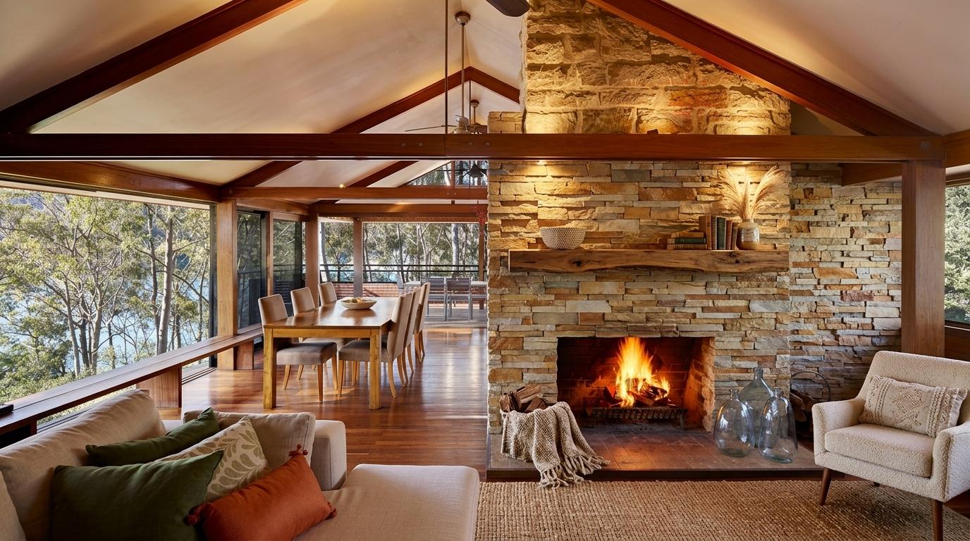 Stacked stone fireplace accent wall with natural textures and a cozy seating area.