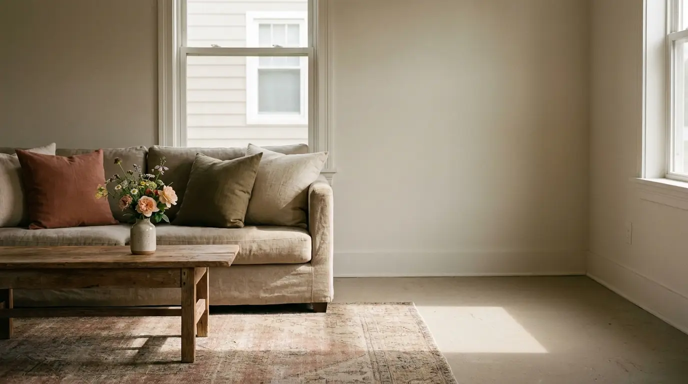 Cozy living room with beige sofa, colorful pillows, wooden coffee table, and floral arrangement