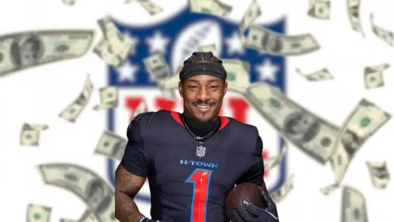 Stefon Diggs holding a football as dollar bills fall around him in front of an NFL logo.
