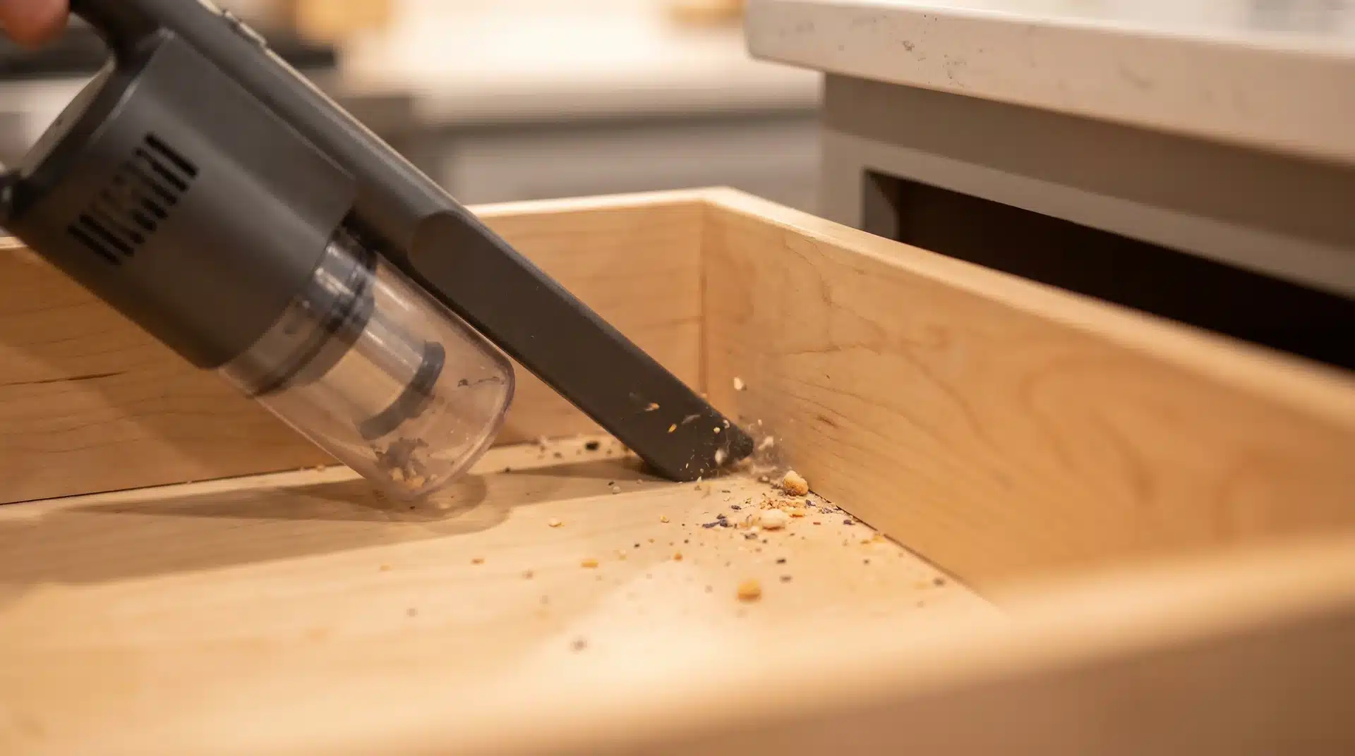 Small handheld vacuum cleaning the inside corners of an empty kitchen drawer in warm overhead light.