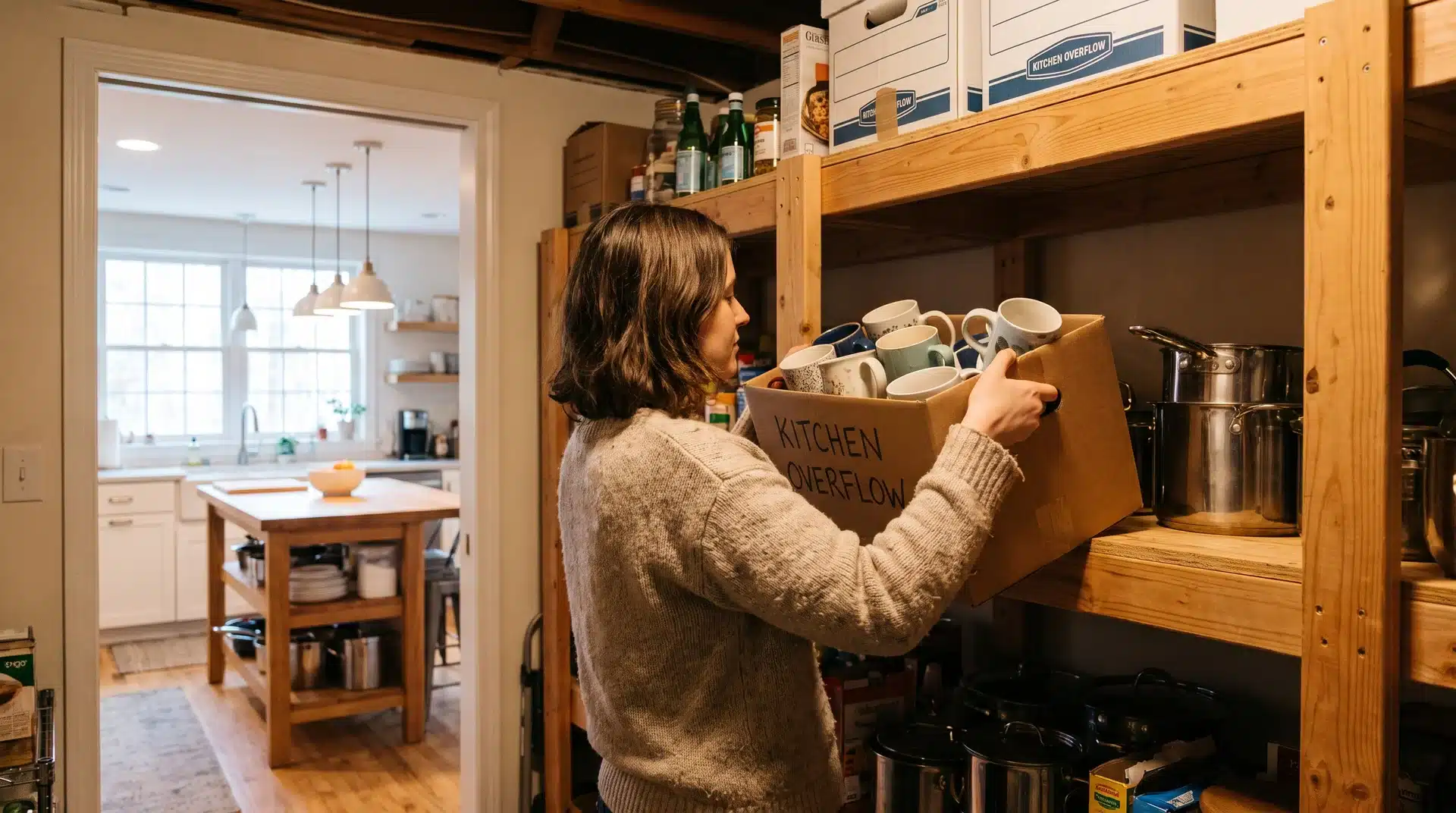 Person placing kitchen overflow items onto a basement storage shelf with organized kitchen in background.
