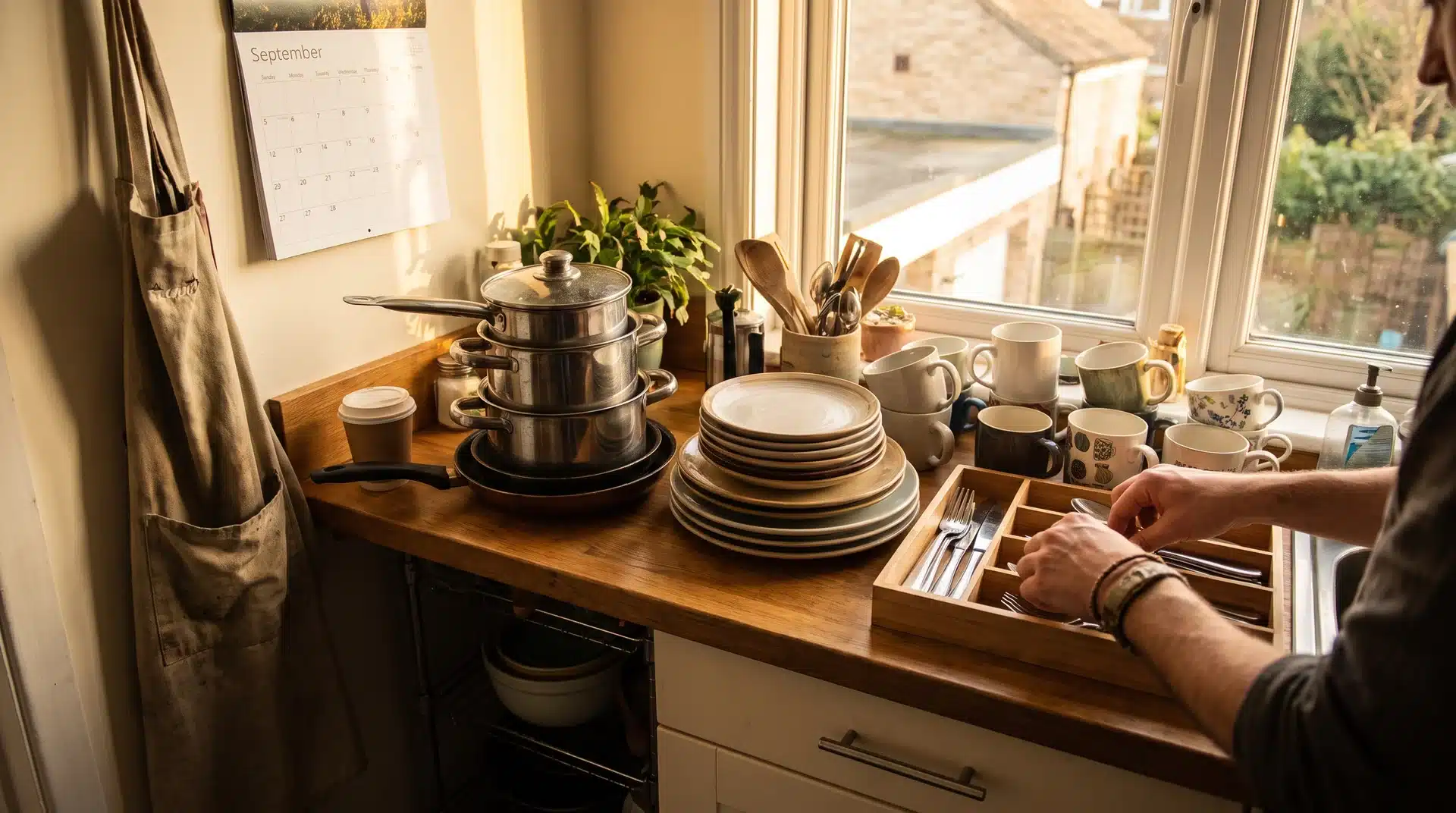 Kitchen counter covered in items sorted into categories by a person's hands in warm afternoon light.