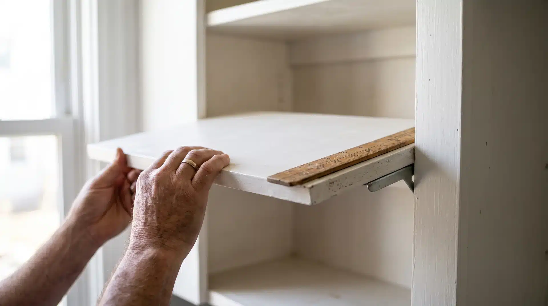 Person's hands adjusting a white kitchen cabinet shelf height with a ruler resting on the edge.