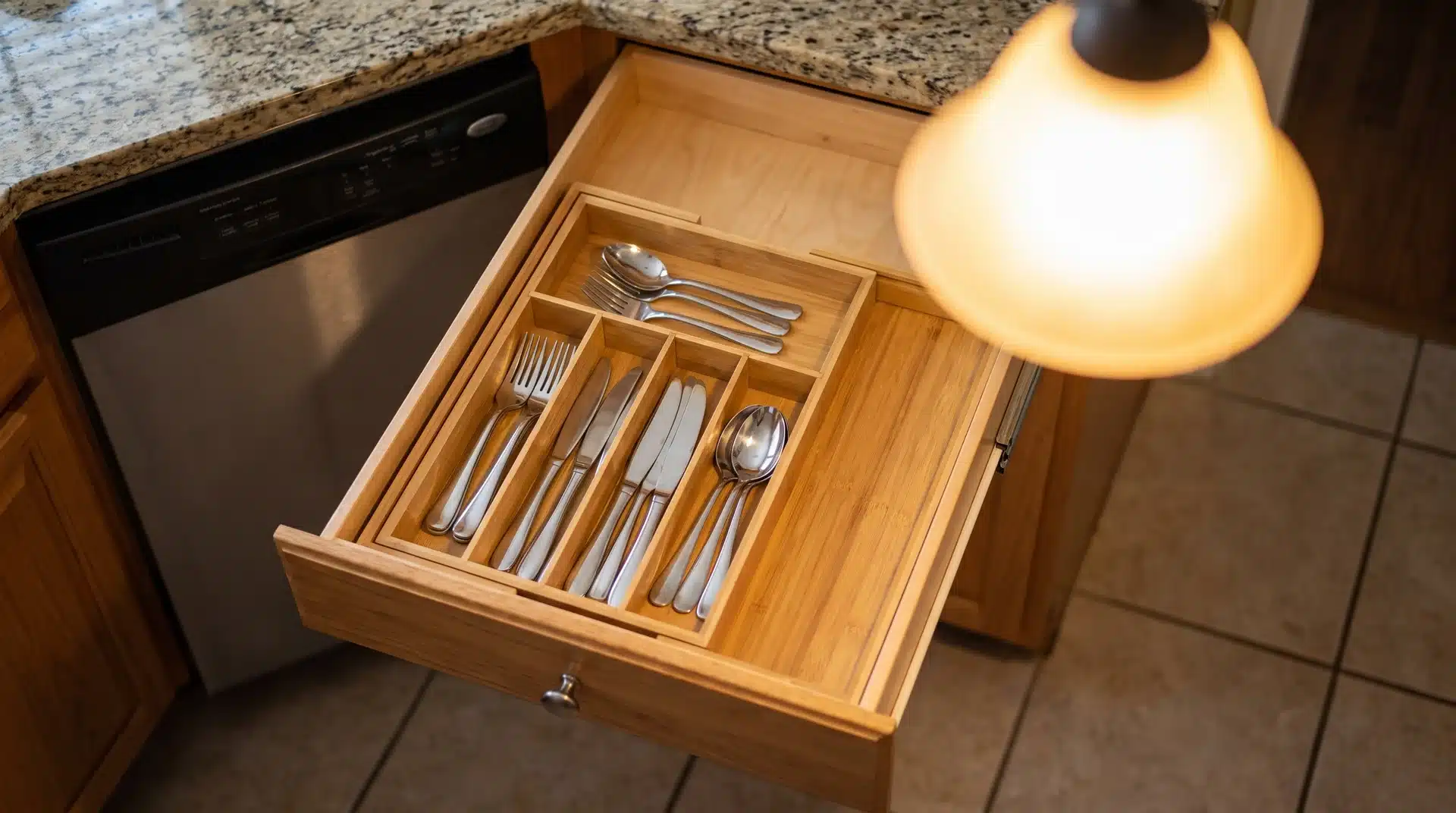 Open kitchen drawer with a neatly organized expandable cutlery tray near a dishwasher in warm light.