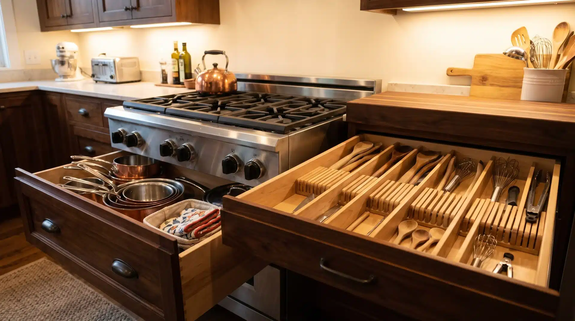 Two open kitchen drawers beside a stove with organized pots pans oven mitts and cooking utensils.