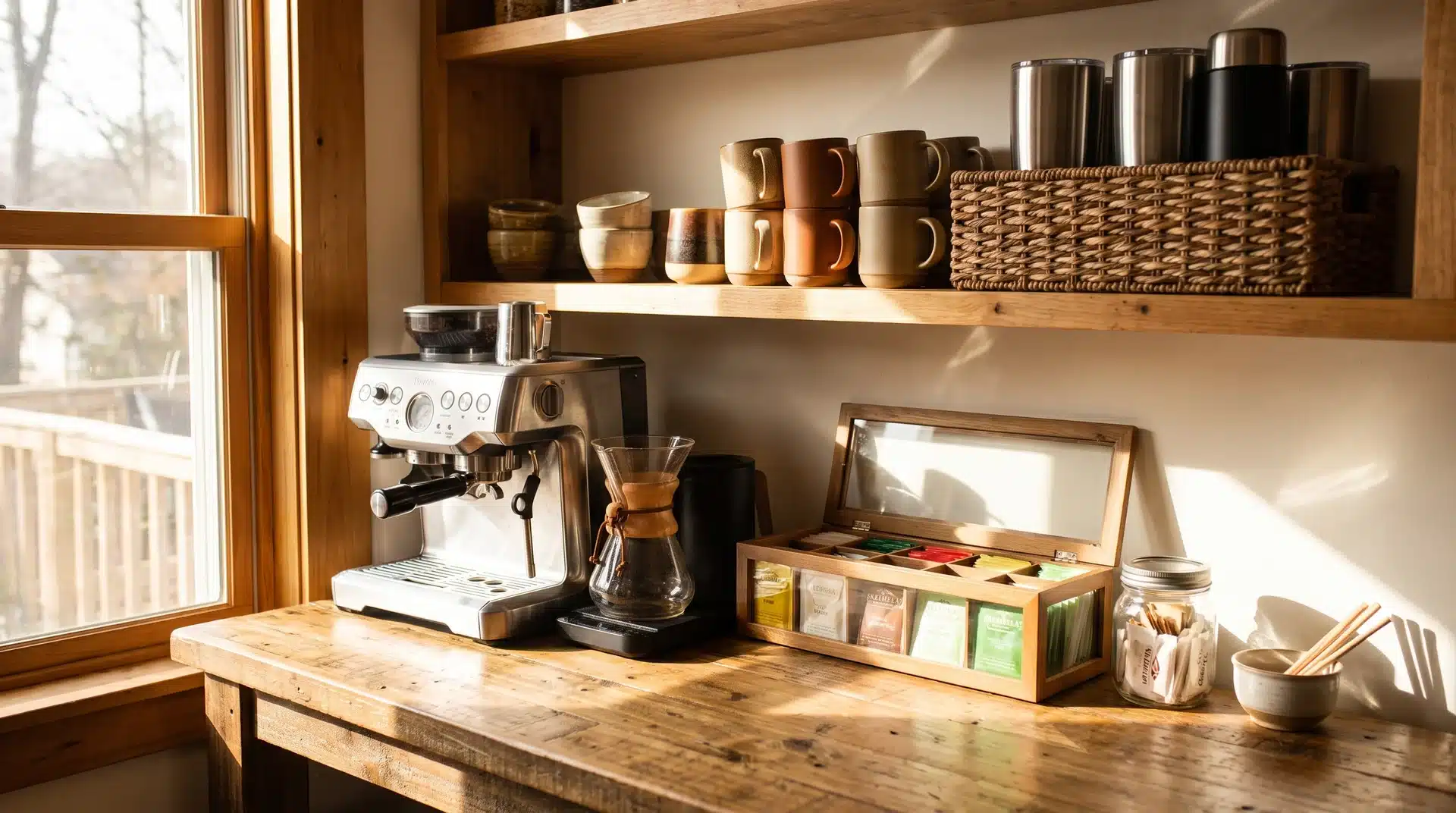 Kitchen coffee and tea station with mugs travel mugs tea organizer and sweeteners in morning light.