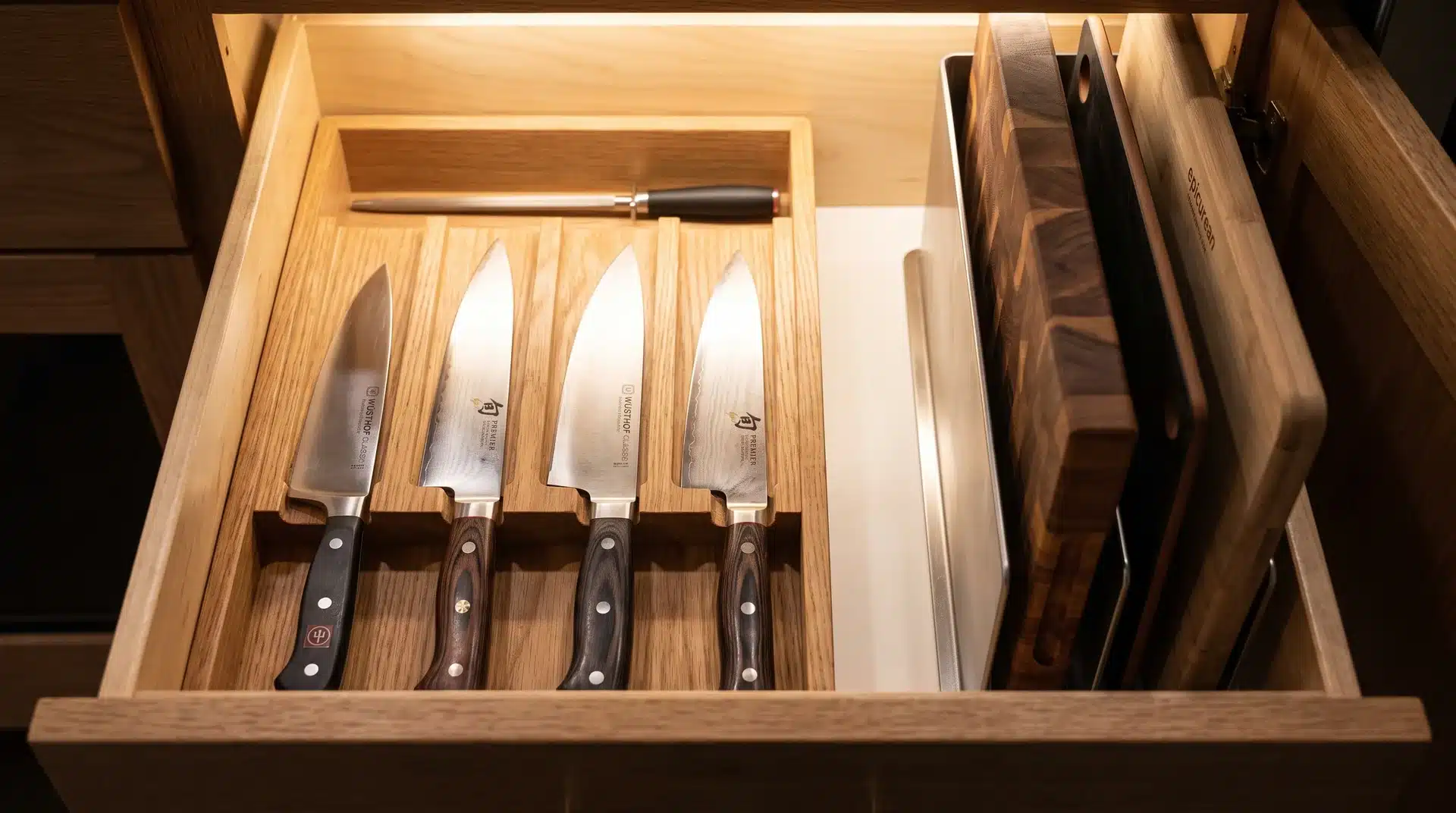Open kitchen drawer with knife organizer and sharpener beside a vertical cutting board divider.