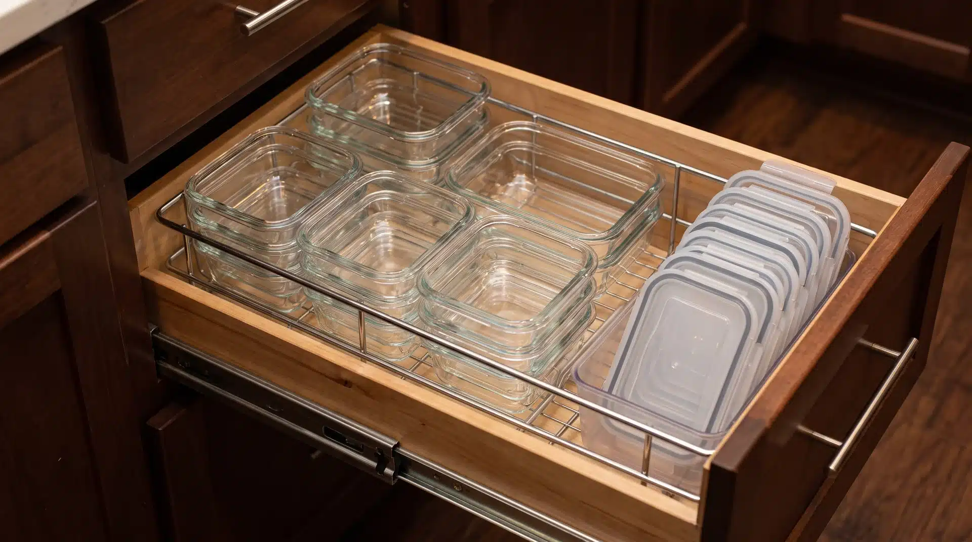 Open kitchen drawer with stacked square food storage containers and lids stored separately beside them.