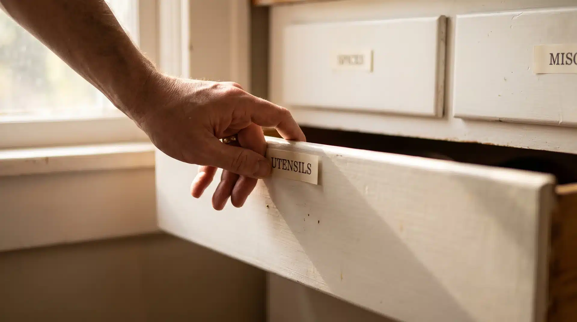 Person pressing a printed category label onto the front of a white kitchen drawer in natural light.