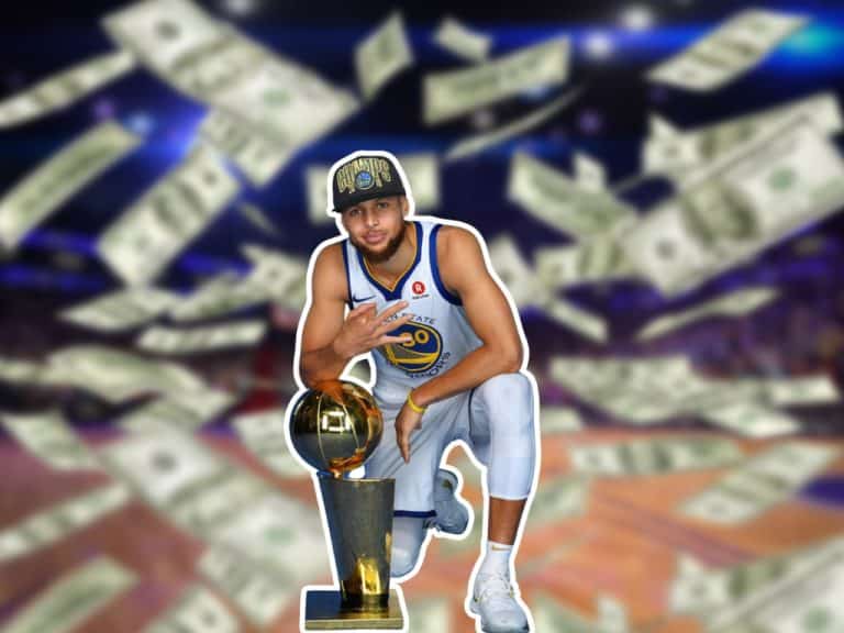 Steph Curry holding a championship trophy with money graphics in the background
