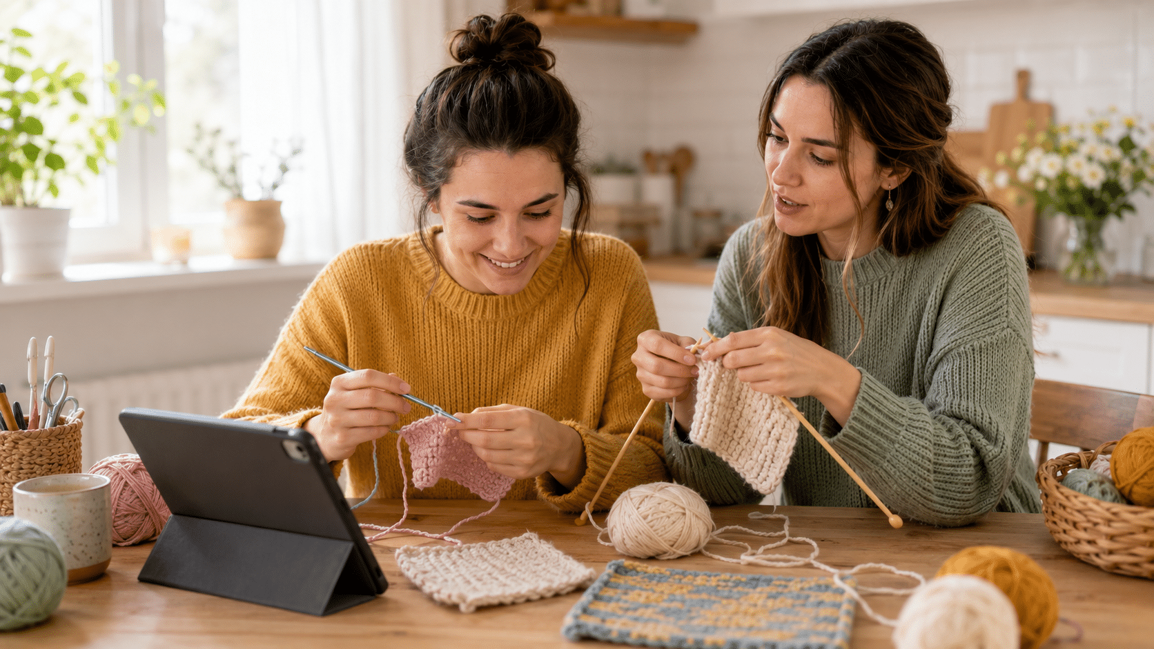 Two friends practicing crochet and knitting beside a tablet at a bright kitchen table with yarn and beginner samples.