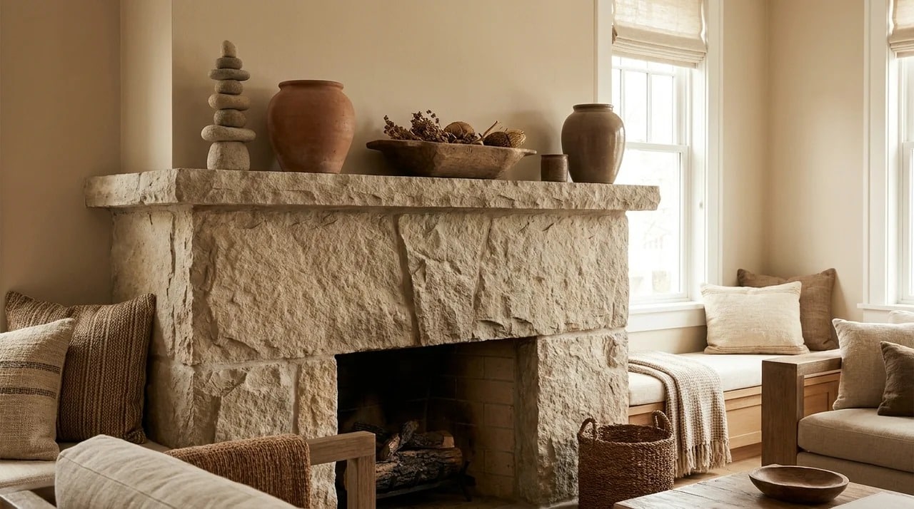 Fireplace mantel styled with stone and earth-tone accessories.