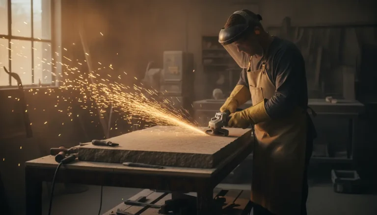 Worker using an angle grinder on stone slab in dusty workshop, creating sparks