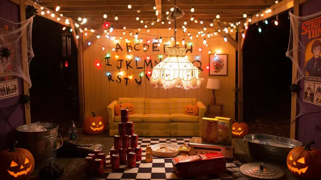 A Stranger Things inspired Halloween party room with retro fairy light wall.