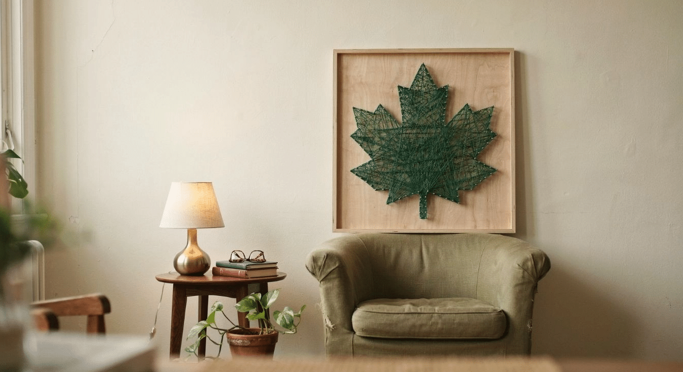 String art maple leaf panel hanging above a reading chair