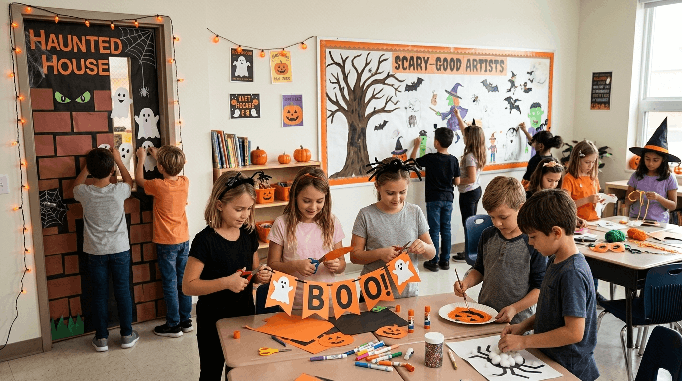 Students creating Halloween group crafts with banners, decorations, and collaborative artwork.