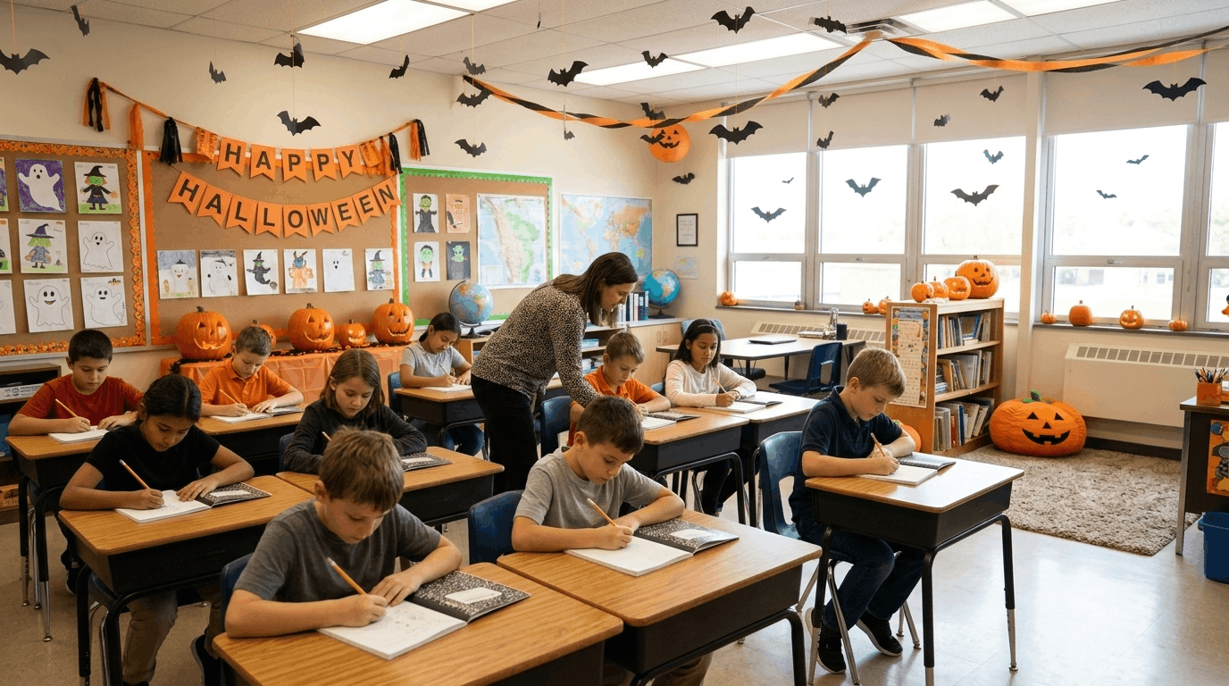 Students doing Halloween writing activities in classroom
