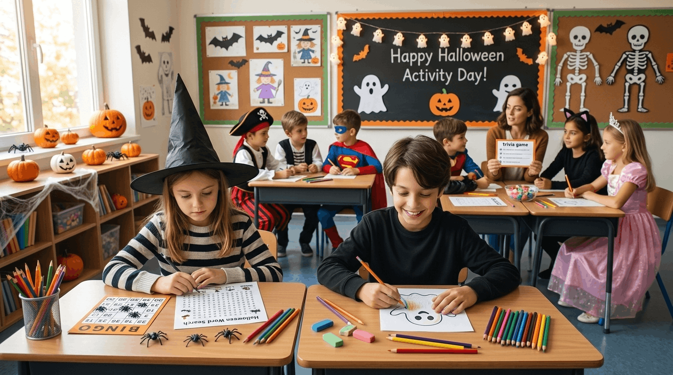 Students enjoying Halloween classroom games like bingo, trivia, and costume guessing activities.