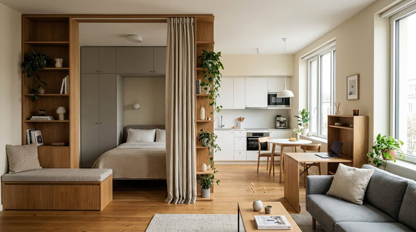 Studio apartment layout for couples with shared sleeping area, sofa, workspace, and organized storage.