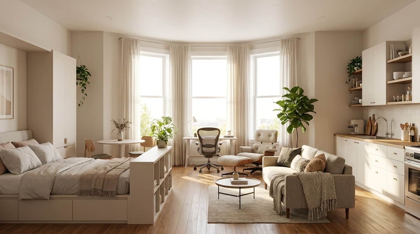 Studio apartment layout with open kitchen separated from living area through furniture placement.