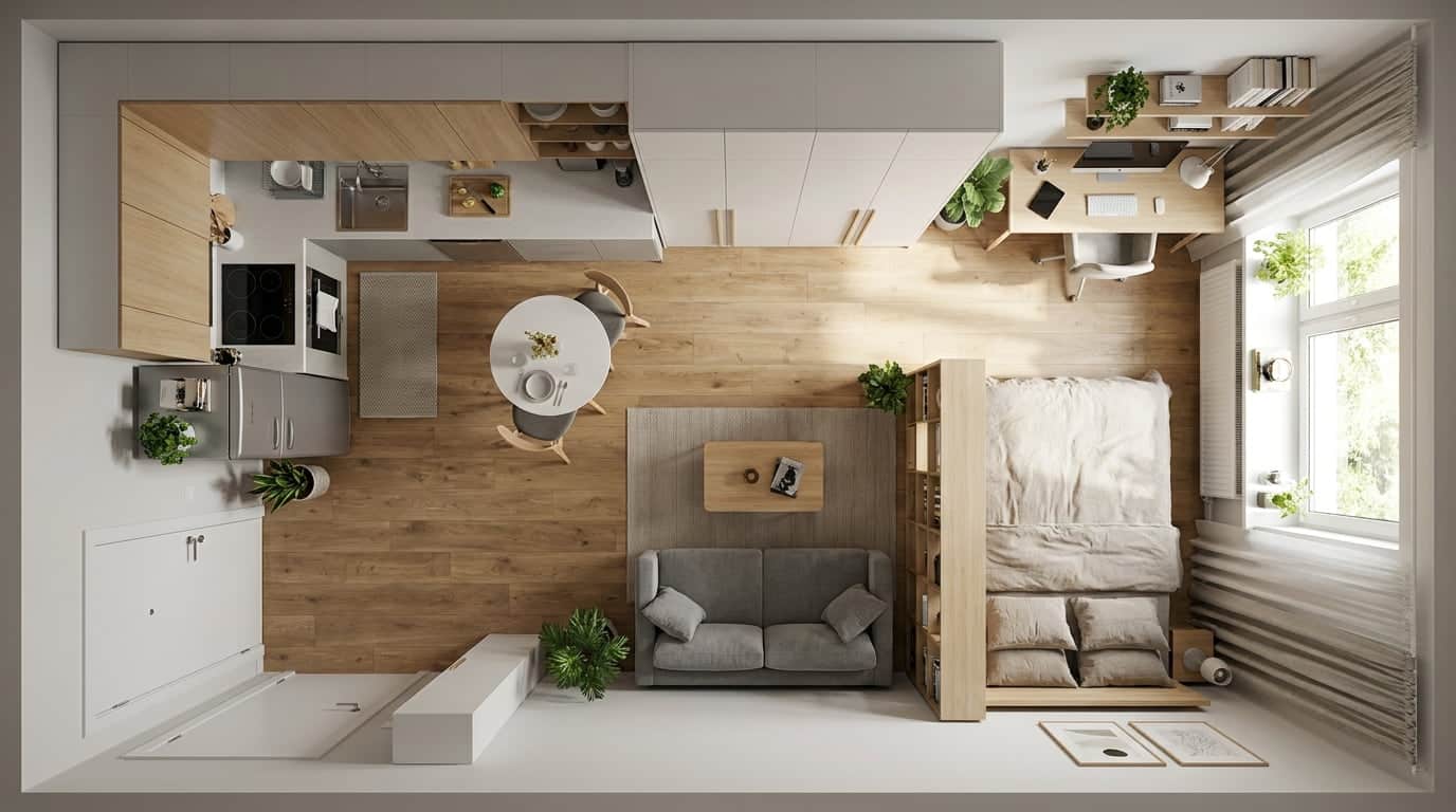 Studio apartment layout with compact home office corner near natural light.